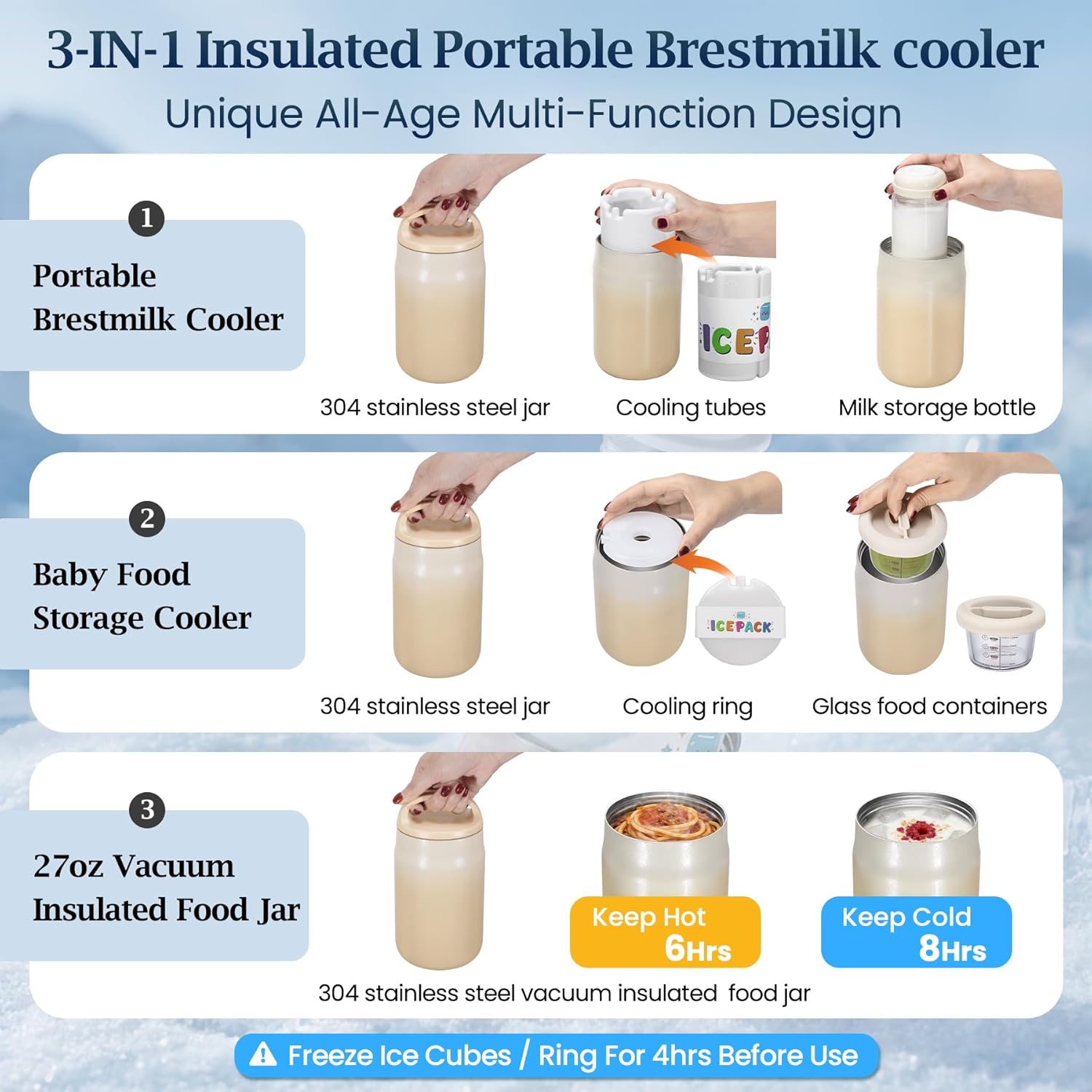 3-in-1 Breast Milk Cooler for 24H 360° Cooling, 11oz Breastmilk Chiller with Bottle & 8oz Baby Food Containers & 27oz Insulated Food Jar, Fits from Baby to Adult for Outdoor, Work & Travel - Mocha - Image 2