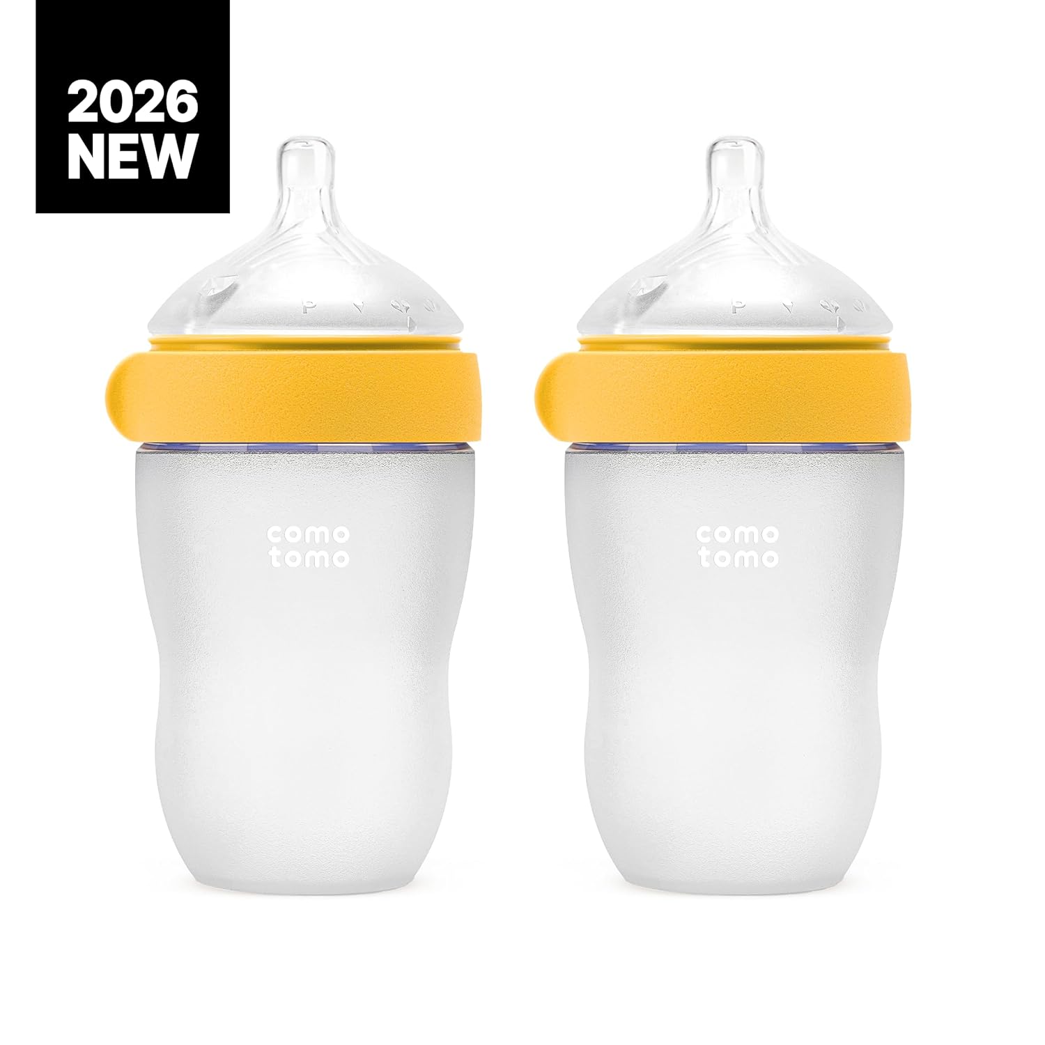Comotomo Silicone Baby Bottle Gen 2 u2013 2026 Release (8oz) u2013 Soft, Wide-Neck Bottle for Comfortable Feeding (6-12 Months) with Dual Anti Colic Vents (Includes Medium Flow Nipples), Yellow (Double Pack)