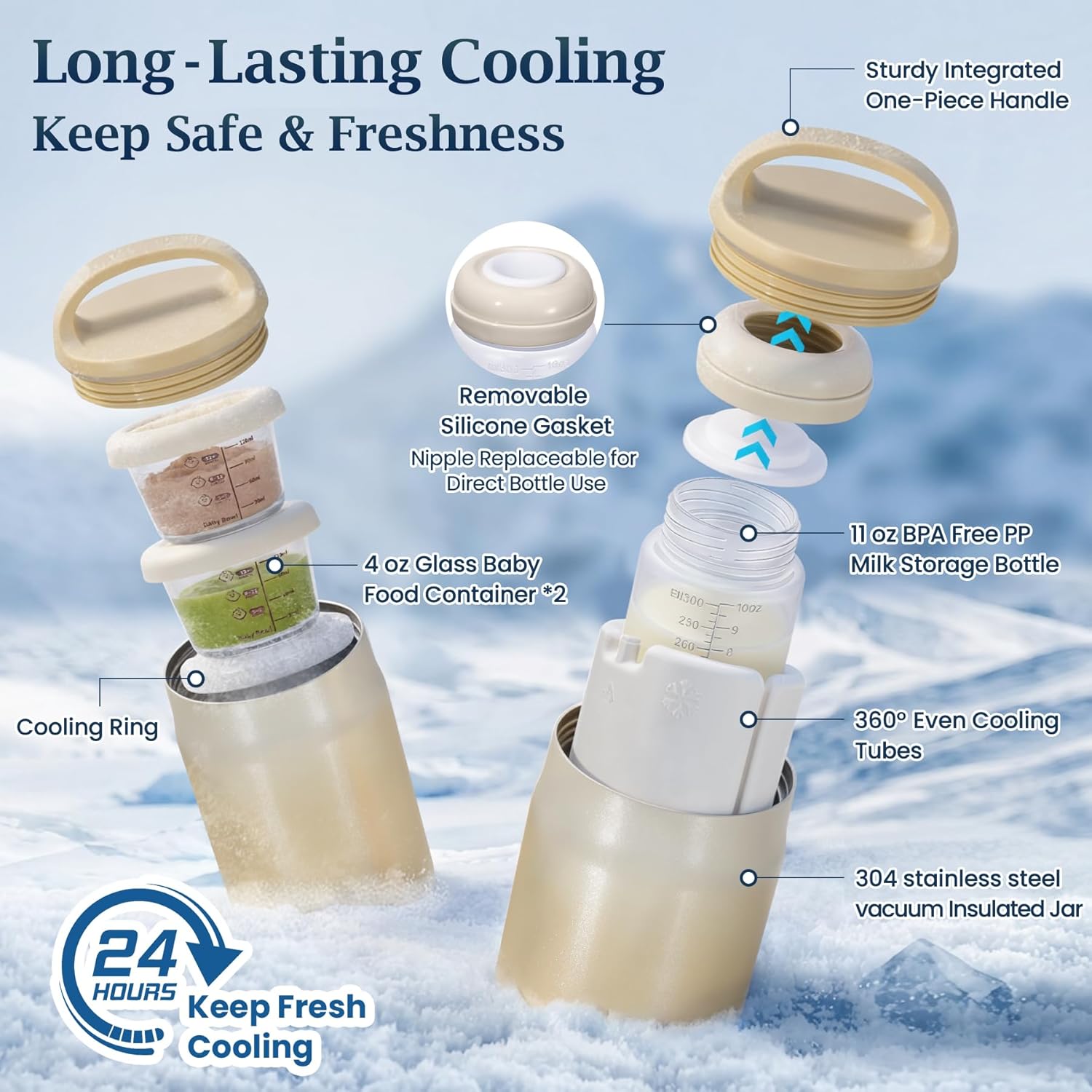 3-in-1 Breast Milk Cooler for 24H 360° Cooling, 11oz Breastmilk Chiller with Bottle & 8oz Baby Food Containers & 27oz Insulated Food Jar, Fits from Baby to Adult for Outdoor, Work & Travel - Mocha - Image 3