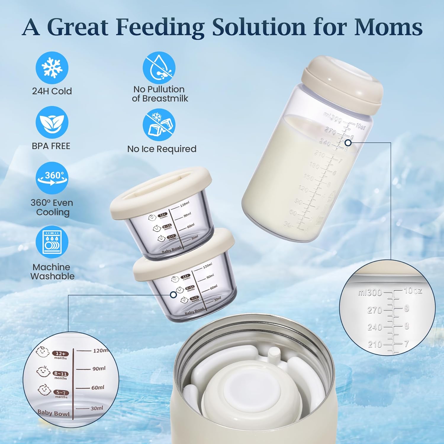 3-in-1 Breast Milk Cooler for 24H 360° Cooling, 11oz Breastmilk Chiller with Bottle & 8oz Baby Food Containers & 27oz Insulated Food Jar, Fits from Baby to Adult for Outdoor, Work & Travel - Mocha - Image 5