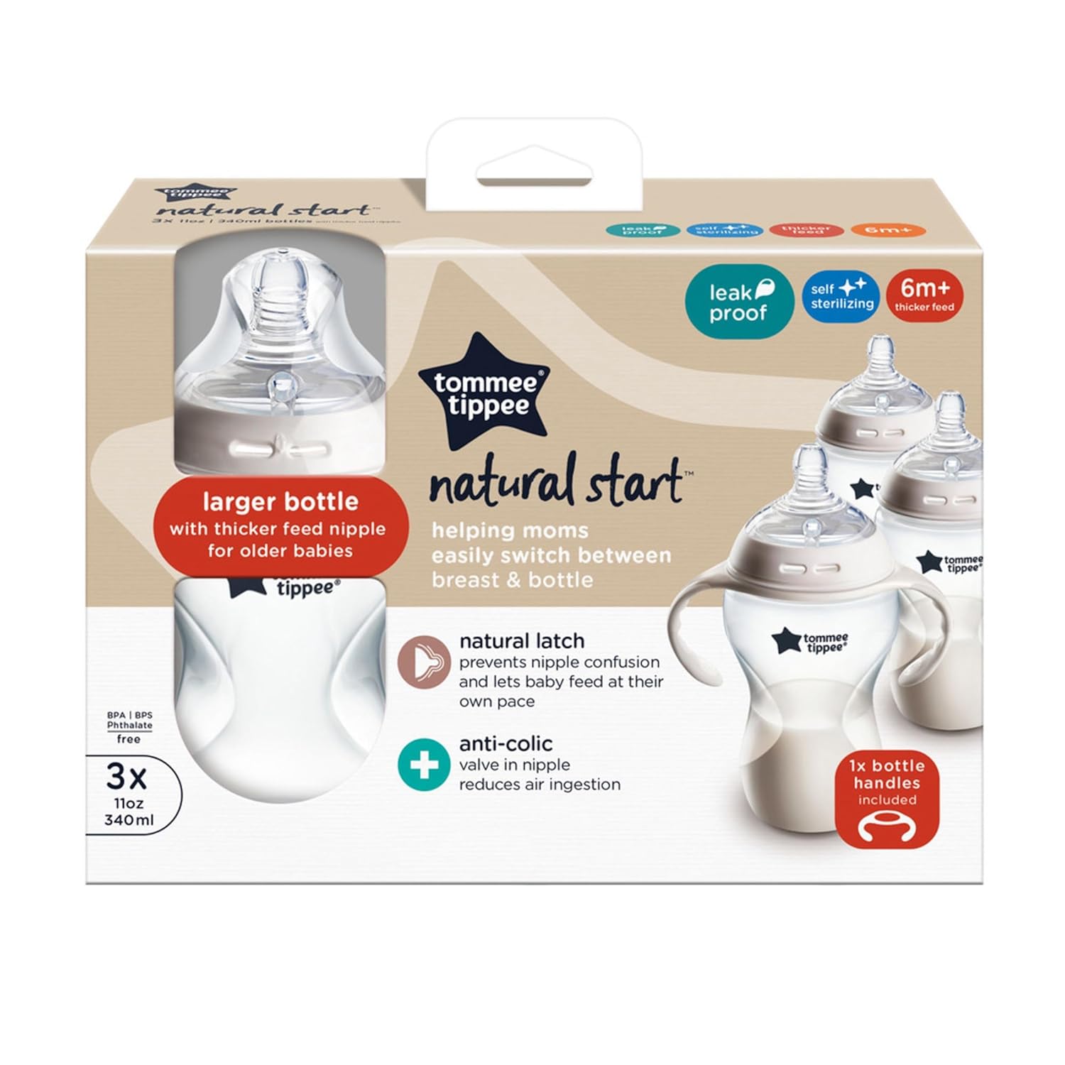Tommee Tippee Natural Start Baby Bottle, 11oz, Thicker Feed, Breast-Like Nipple for Babies 6 Months+, Clear, 3 Count - Image 6