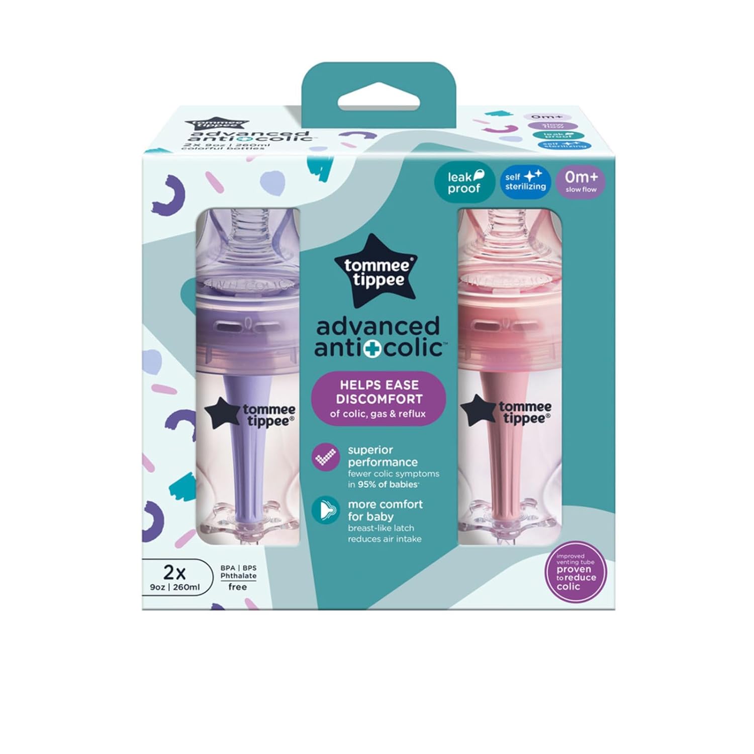 Tommee Tippee Advanced Anti-Colic 9 oz BPA Free Baby Bottles, Newborn 0+ Months, Slow Flow Breast-Like Nipple, Unique Design Keeps Air Away from Milk and Baby, Pink and Purple, Pack of 2 - Image 6