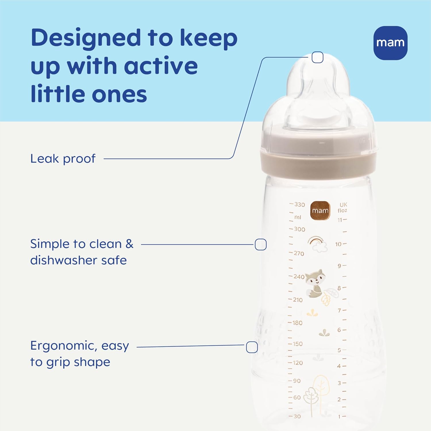 MAM Easy Active Baby Bottle 4 Pack, 11oz, BPA Free, Fast Flow Silicone Nipple, Anti-Slip Grip, Leak-Proof, 4+ Months, Purple Iris