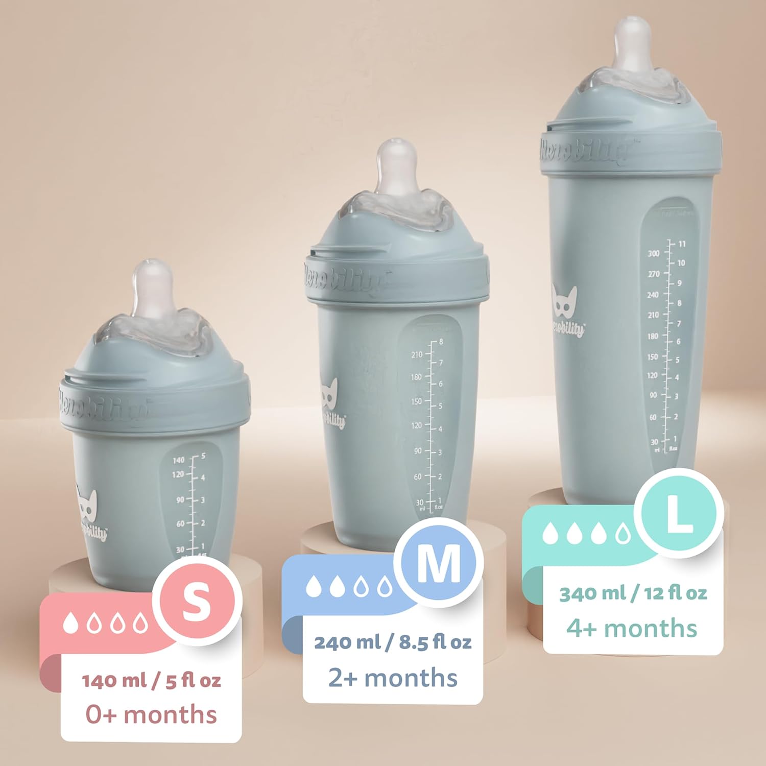 Herobility Anti-Colic Baby Bottles 5 oz /140 ml u2013 Pack of 4 Newborn Baby Bottles, Slow Flow Plastic Bottles, Breast-Shaped Teat for Breastfed Babies - Multicolor - White, Gray, Iron Blue, Blue