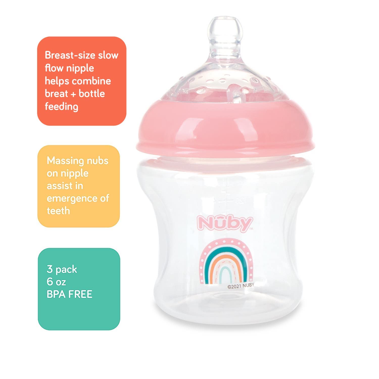 Nuby 3-Pack Infant Feeding Bottles with Slow Flow Breast Size Silicone Nipple: 0+ Months, 6oz, 3 Pack Set: Delicate Star, Rainbow, Butterfly Prints
