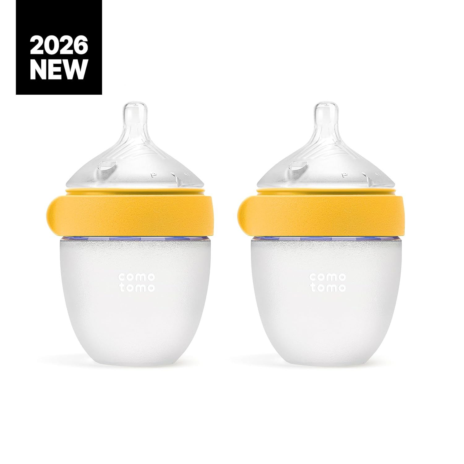 Comotomo Silicone Baby Bottle Gen 2 u2013 2026 Release (5oz) u2013 True Slow-Flow Nipple for Newborn Feeding (0-3 Months) with Dual Anti Colic Vents for Breast to Bottle Transition, Yellow (Double Pack)