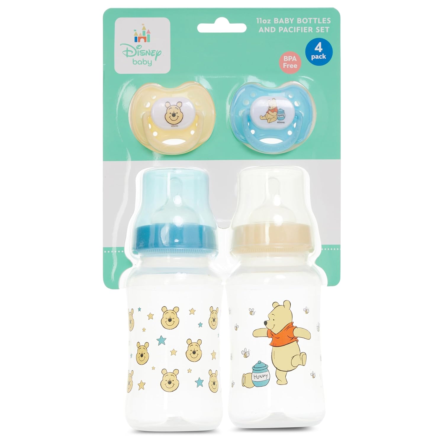 Disney Baby Bottles and Pacifiers Set u2013 2 Hourglass-Shaped 11oz Bottles + 2 Orthodontic Pacifiers u2013 Officially Licensed Mickey, Minnie, Pooh & Dumbo Designs u2013 BPA-Free Feeding Gift Set