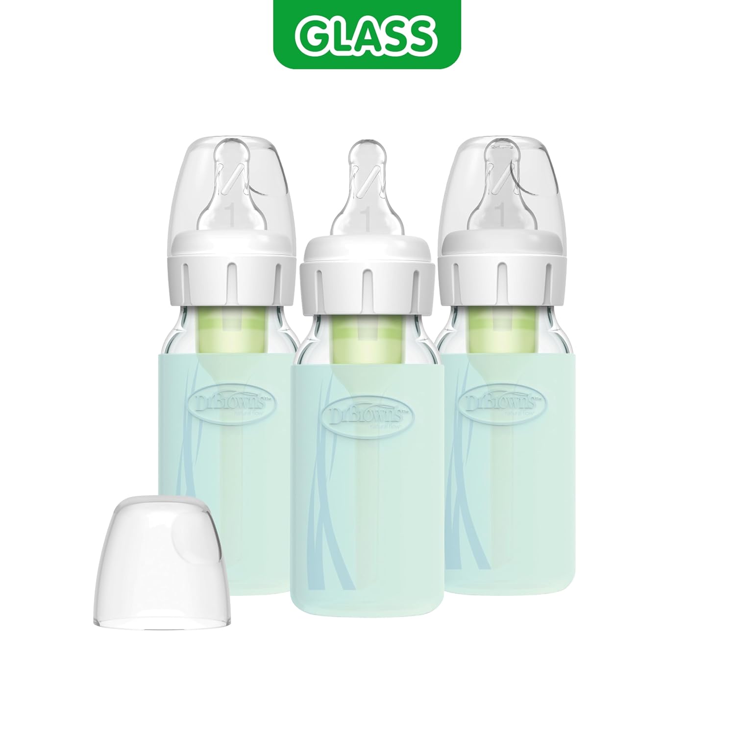 Dr. Brown's Anti-Colic Options+ Narrow Glass Baby Bottles 4 oz/120 mL, with Level 1 Slow Flow Nipple, 3 Pack 0m+ with Mint 100% Silicone Sleeves, BPA-Free - Image 7