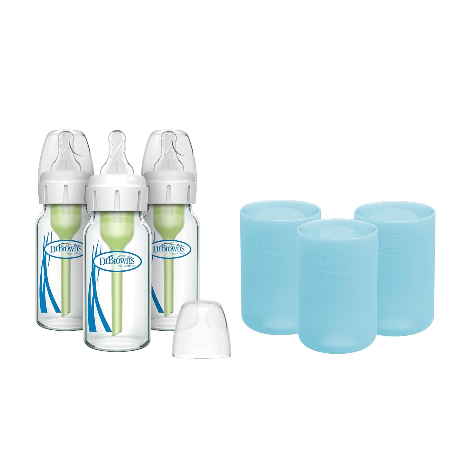 Dr. Brown's Anti-Colic Options+ Narrow Glass Baby Bottles 4 oz/120 mL, with Level 1 Slow Flow Nipple, 3 Pack 0m+ with Mint 100% Silicone Sleeves, BPA-Free - Image 8