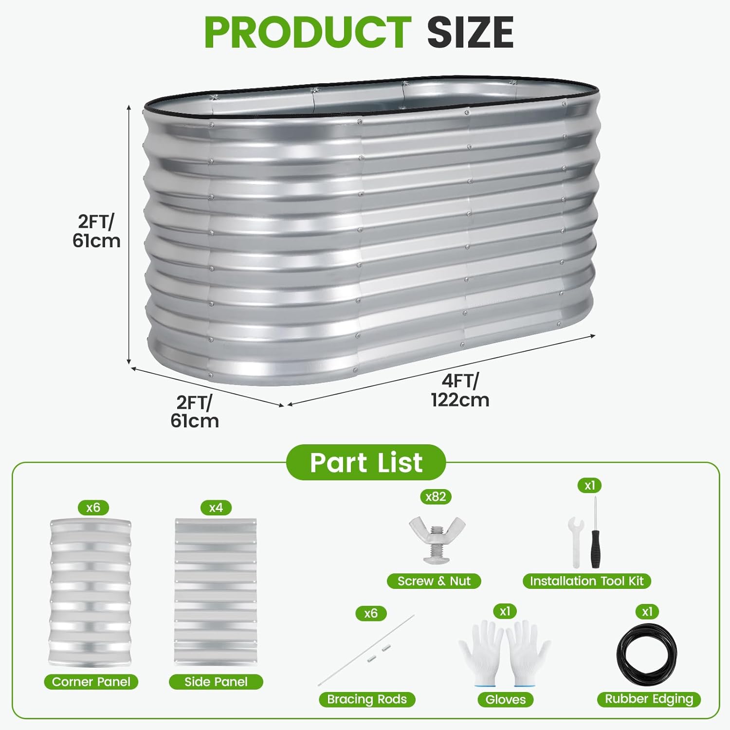 VIREO GARDEN Galvanized Raised Garden Bed Outdoor 24'' Deep | Oval Metal Garden Beds with Easy Assembly & Planter Box for Planting Deep Root Vegetables Fruits Flowers, 4x2x2ft Silver