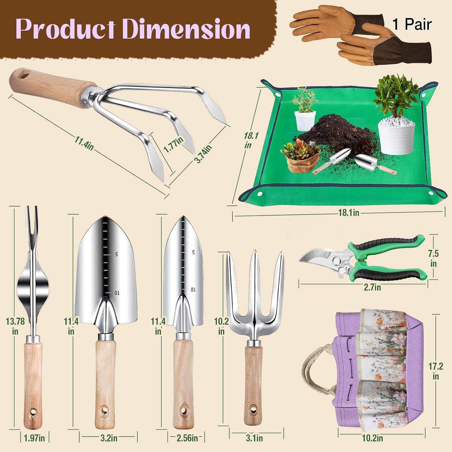 Gardening Tools 9-Piece Heavy-Duty Garden Tools Set, Stainless Steel Garden Hand Tools with Purple Floral Tote Bag and Repotting Mat Garden Supplies Kit Gifts for Women