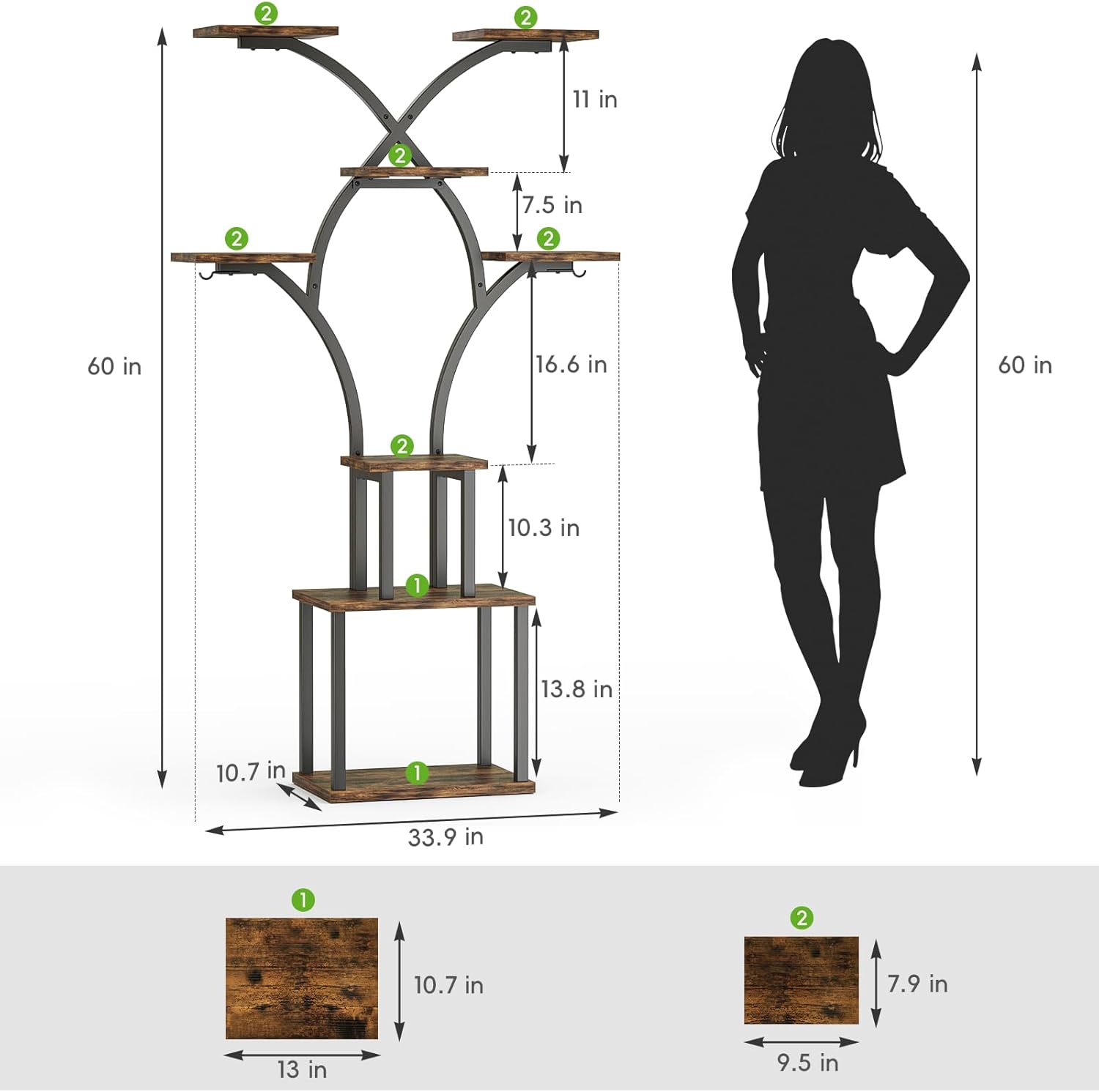 Elbourn Plant Stand Indoor with Grow Lights - 60" Tall Metal Plant Shelf for Multiple Plants, 8 Tiered Corner Plant Stands for Indoor Plants, X - Shaped Decorative Rack for Home, Living Room & Patio Decor (Brown)