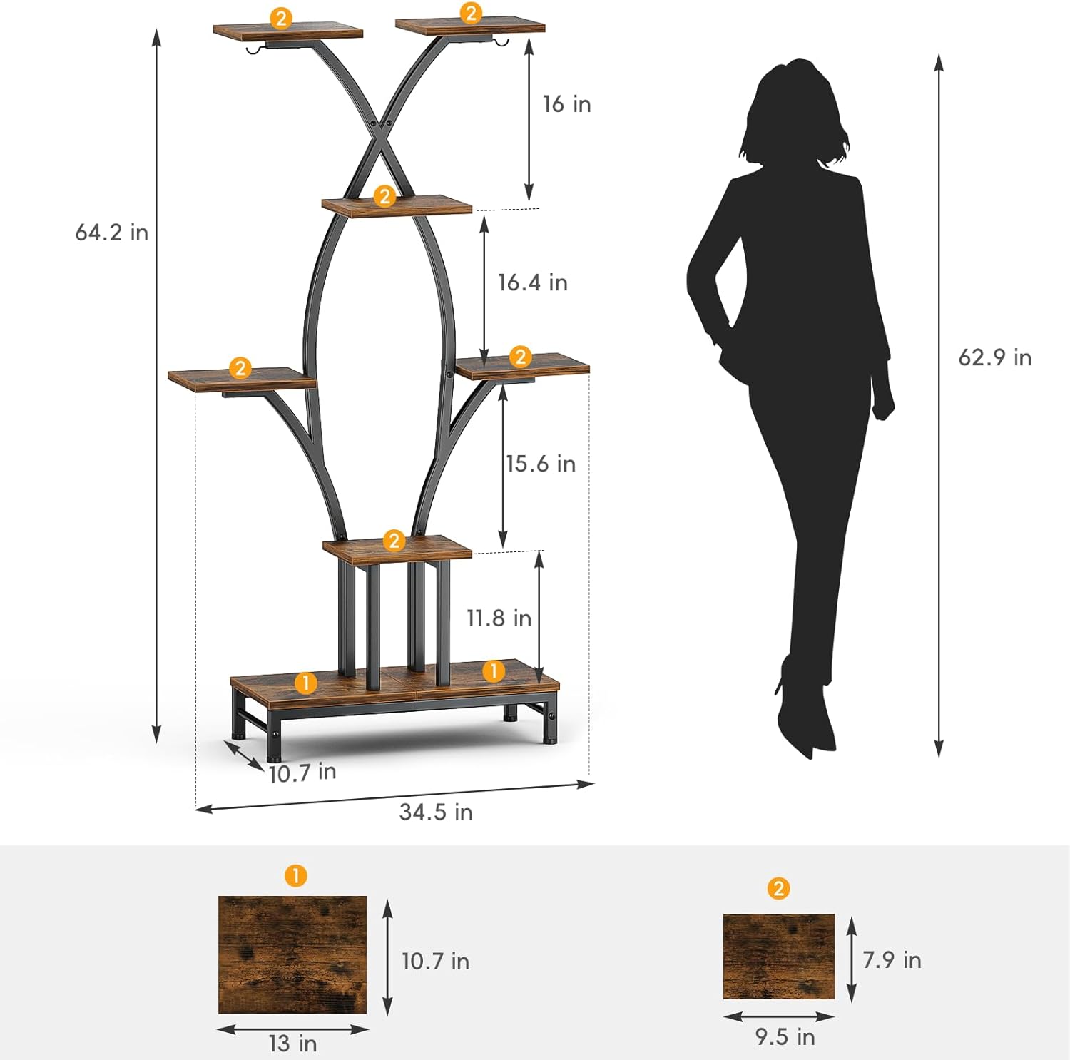 VOZZYOTO Plant Stand Indoor with Grow Lights - 7 Tiered Metal Corner Shelf for Multiple Plants, 63" Corner Plant Stand for Indoor Plants, X-Shaped Plant Rack for Home, Living Room, Office & Patio Decor