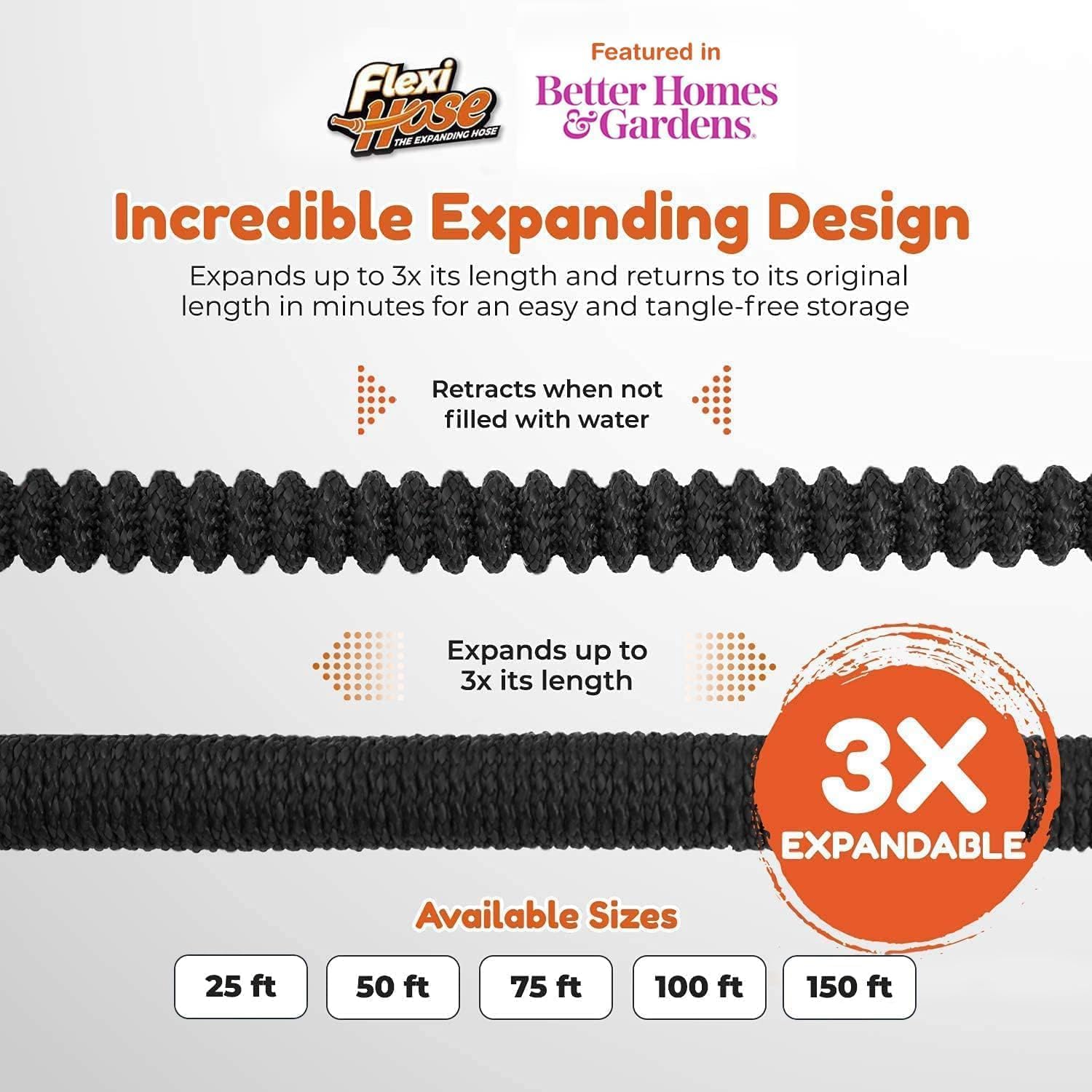 Flexi Hose Expandable Garden Hose with 8 Function Nozzle, 50FT - Lightweight Retractable Garden Hose, Water Hose - No-Kink Flexibility, 3/4 Inch Solid Brass Fittings and Double Latex Core