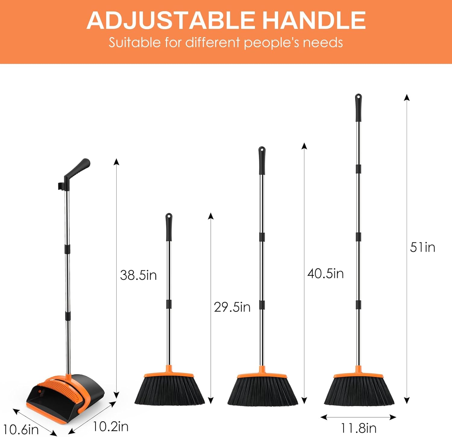EZKEY Broom and Dustpan Set for Home, 51-in Long Adjustable Handle Angle Broom and Dustpan Combo Set with Dust Pan Teeth to Clean Hair for Home Kitchen Office Lobby Floor Garden, Black Orange