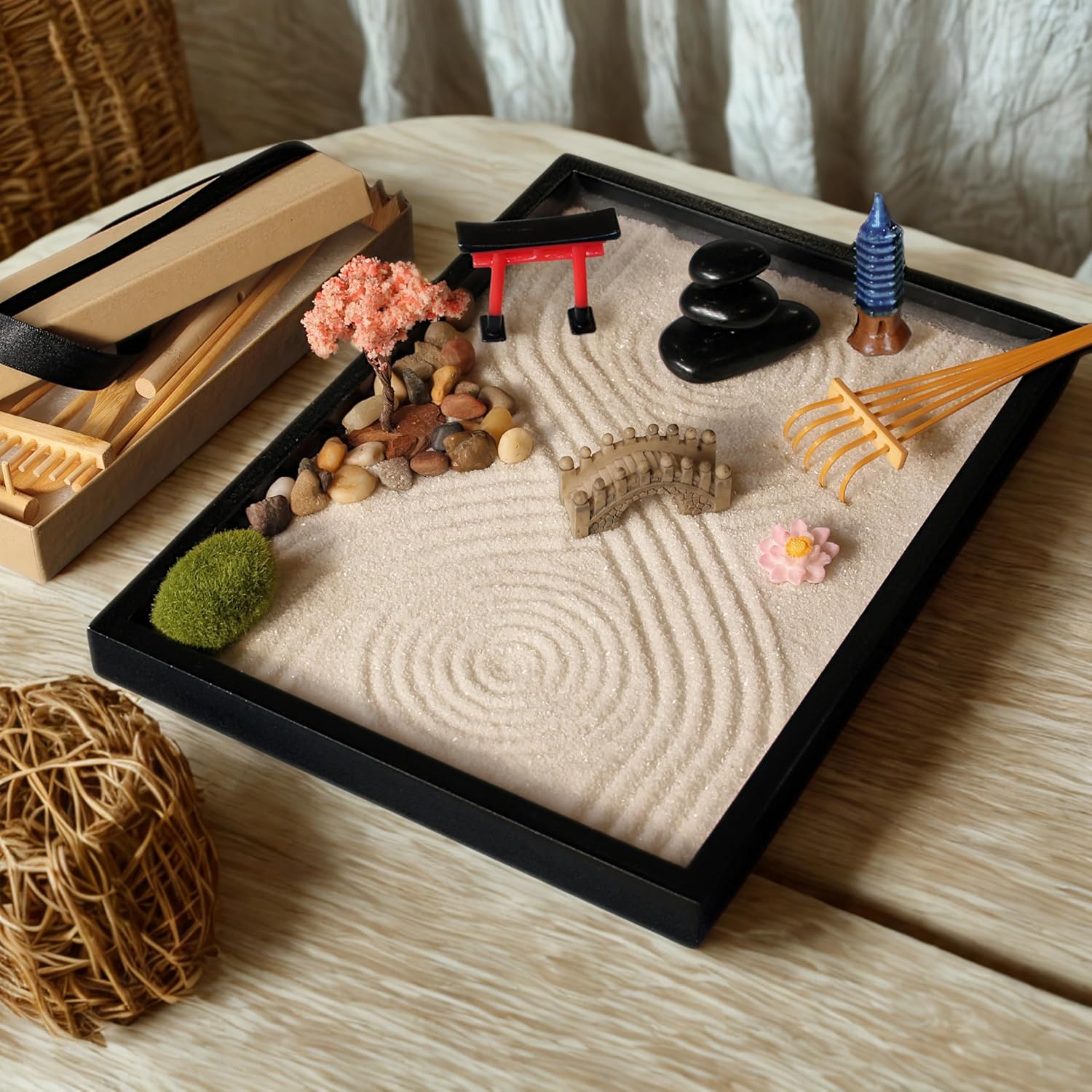 Zen Garden Kit 11x8in. Beautiful Japanese Decor Mini Rock Feature Gift Set for Home, Office Desk. Zen Sand Garden, 6 Tools, 15 Accessories. Sand Tray Therapy Desktop Meditation Room