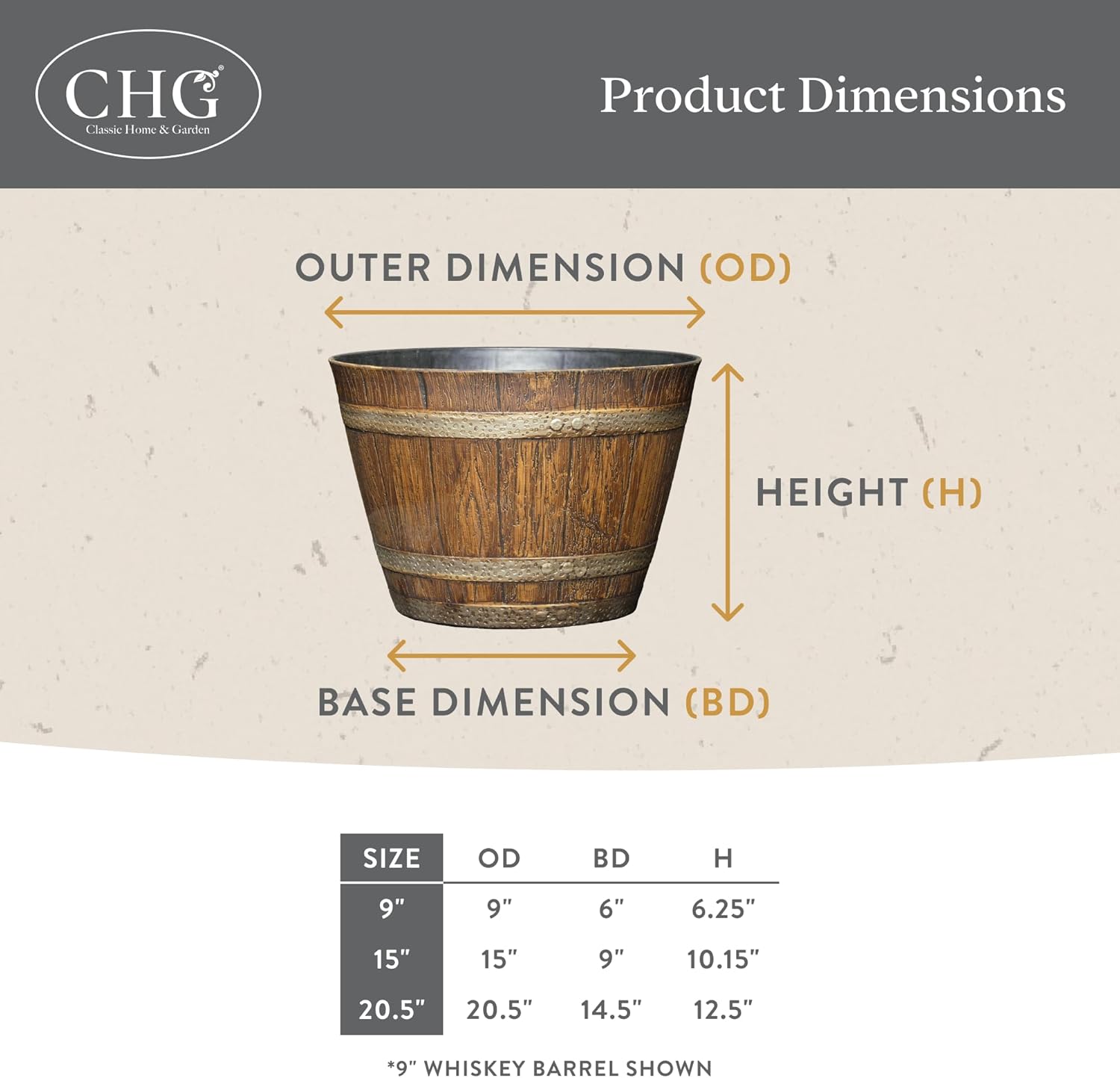 Classic Home and Garden Whiskey Barrel Planters - Home Flower Planter Pot - Decorative Garden Pots - Indoor & Outdoor Resin Planters - Weather-Resistant Planting Pots (15" Oak Brown, Pack of 1)