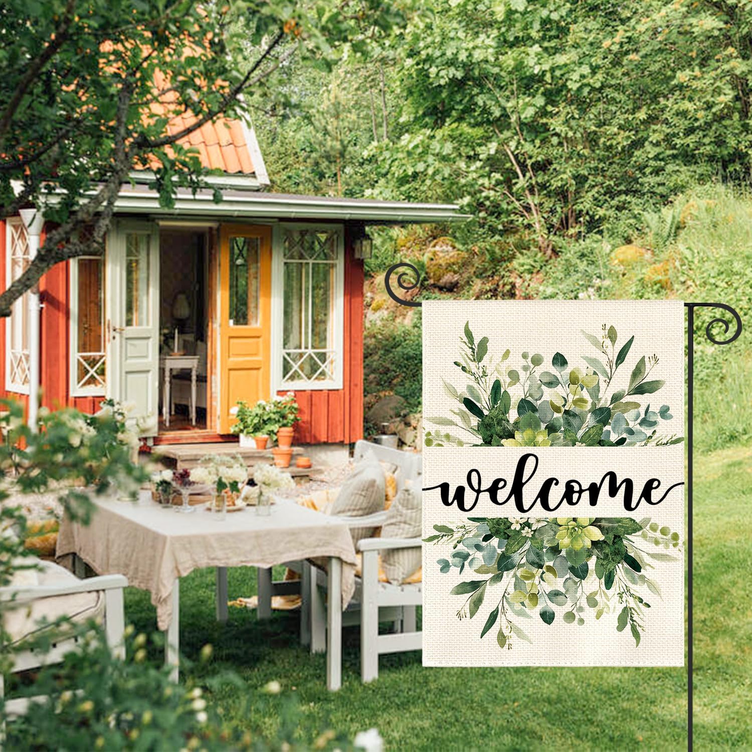 AVOIN colorlife Spring Summer Floral Welcome Garden Flag 12x18 Inch Double Sided Outside, Eucalyptus Seasonal Farmhouse Yard Outdoor Flag