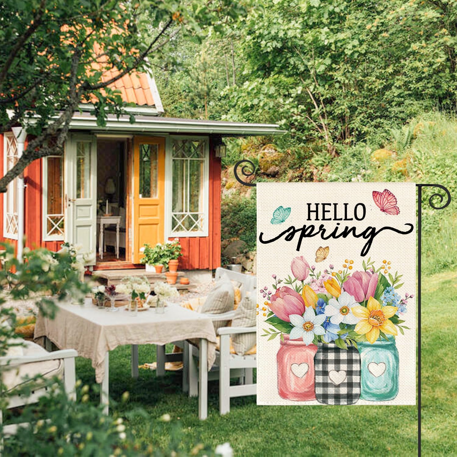 AVOIN colorlife Hello Spring Garden Flag 12x18 Inch Double Sided Outside, Floral Mason Jar Holiday Yard Outdoor Flag