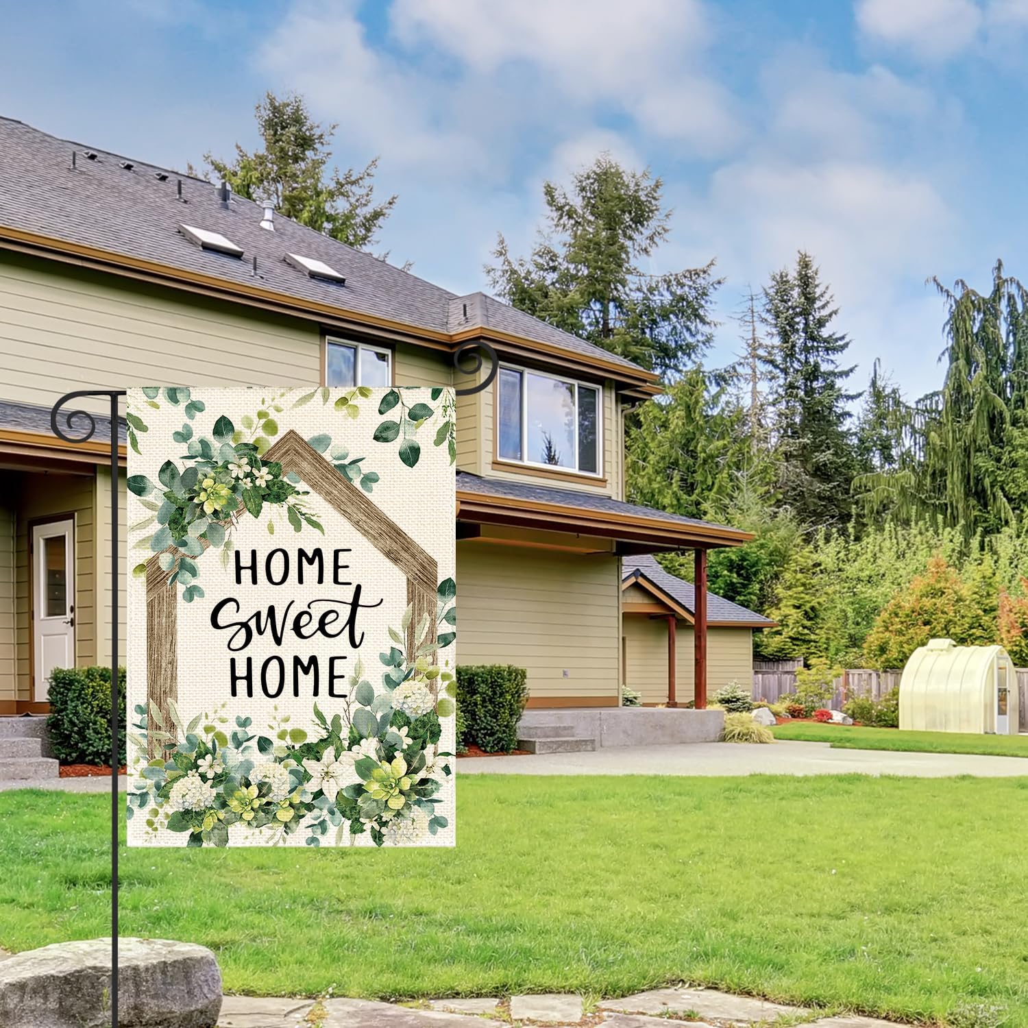 AVOIN colorlife Home Sweet Home Spring Floral Garden Flag 12x18 Inch Double Sided Outside, Eucalyptus Flowers Seasonal Welcome Yard Outdoor Flag