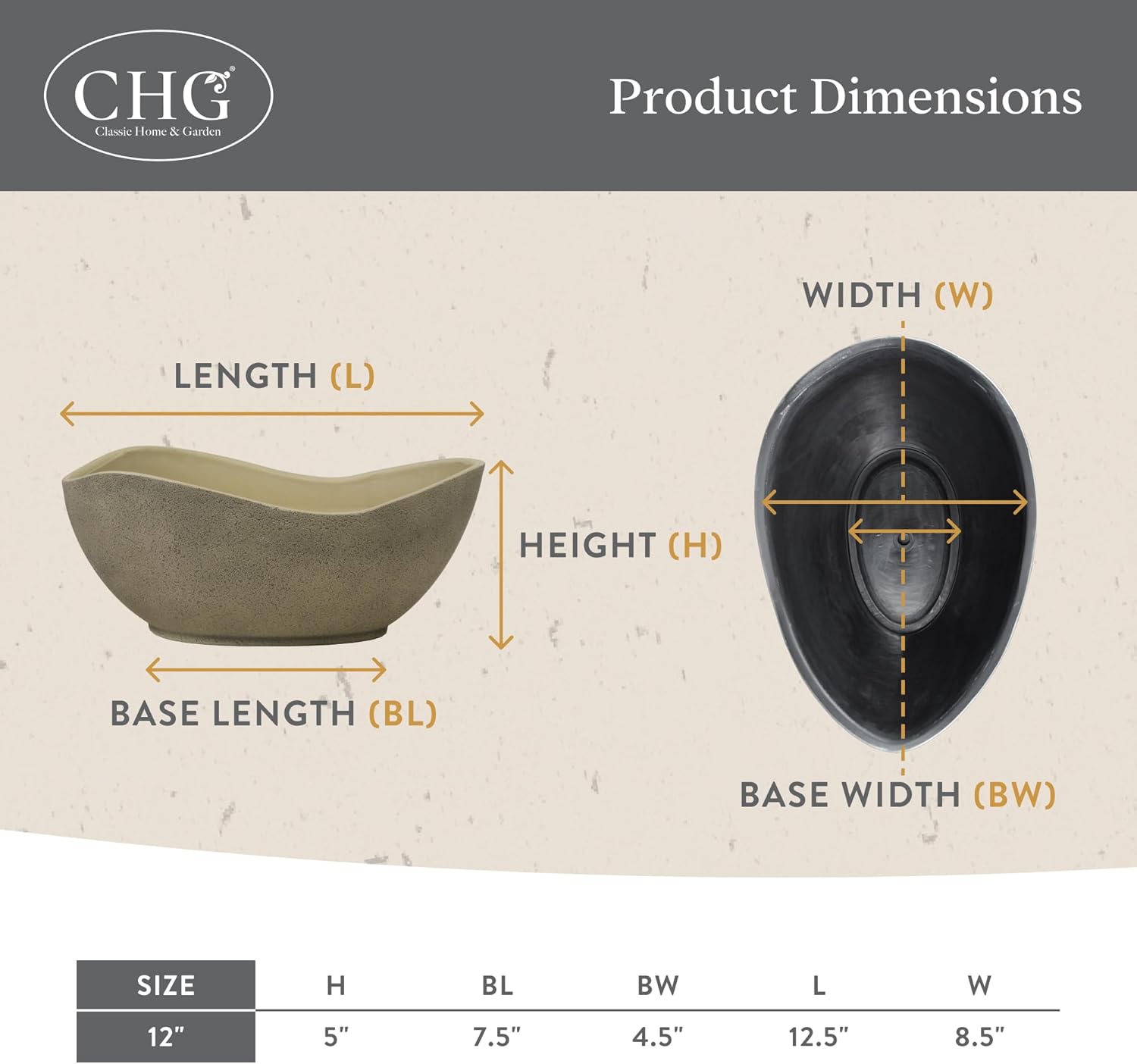 Classic Home and Garden Arc Unique Planter Bowl w/Drain Plug - UV Resistant Shallow Planter - Modern Plant Pot for Herbs (12u201D Concrete)
