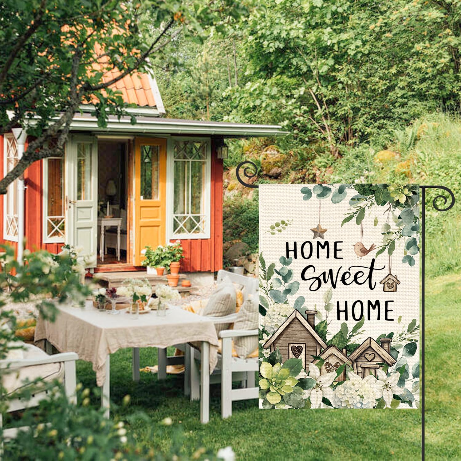AVOIN colorlife Home Sweet Home Birdhouse Spring Floral Garden Flag 12x18 Inch Double Sided Outside, Eucalyptus Flowers Seasonal Yard Outdoor Flag