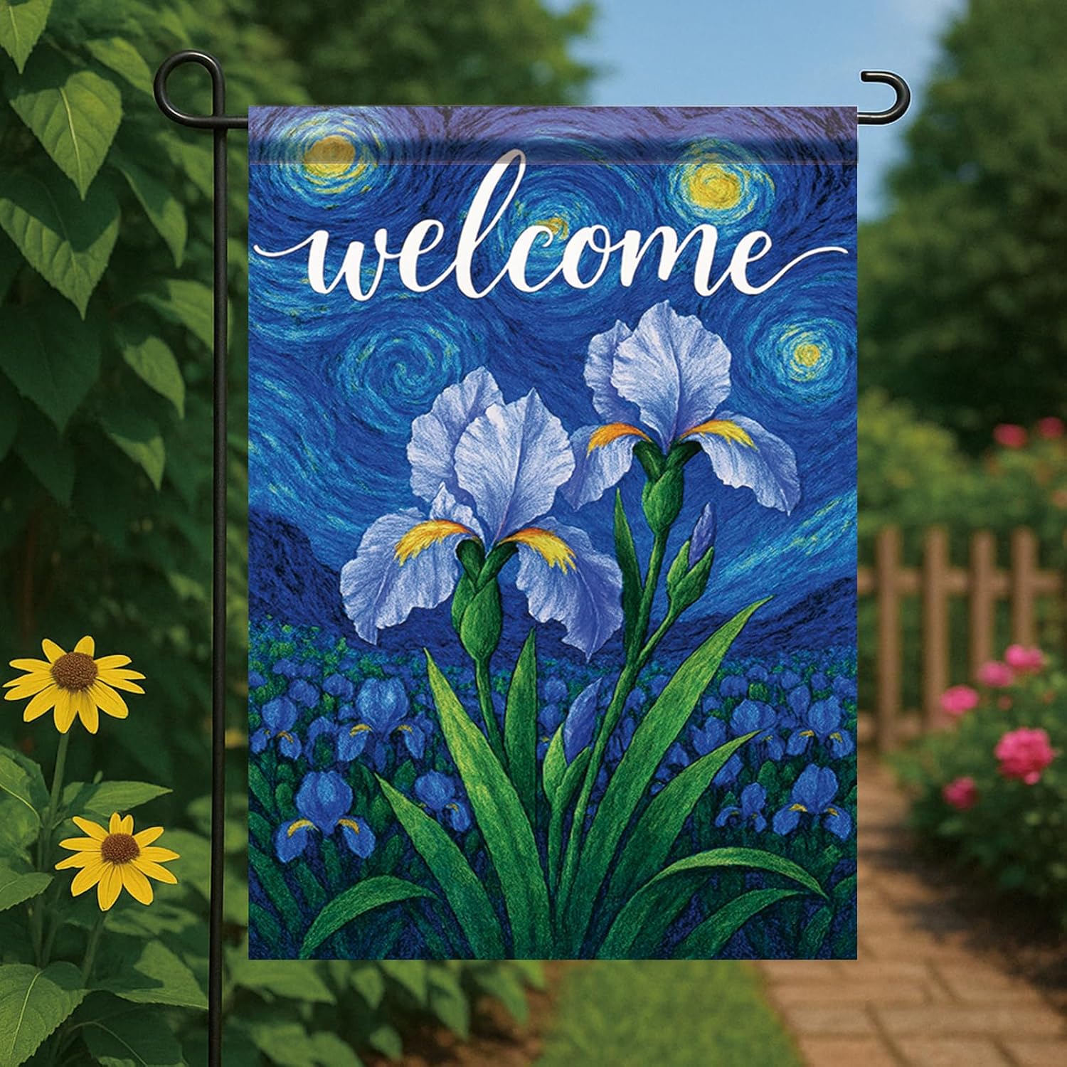 Starlit Patio Welcome Garden Flag Starry Sky Blue Iris Flower Floral Yard Flag 12 x 18 Inch Double Sided Outdoor Decoration for Spring Summer Porch Lawn Entryway Home Decor Seasonal Banner