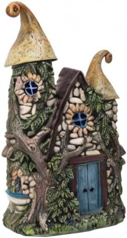 Pacific Giftware Fairy Garden House Decoration Statue with LED Lights Enchanted Stone Cottage with Blue Door and Twin Spires Hand-Painted Polyresin Fantasy Home Decor 10.24" H