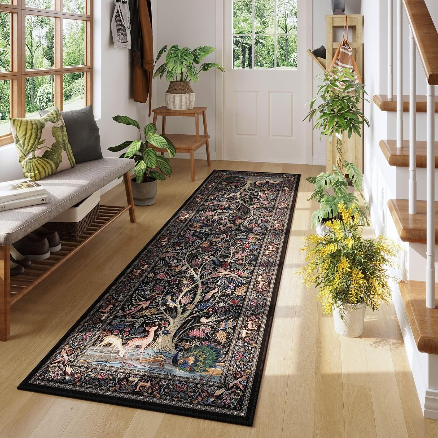 Rugcomf Runner Rug 2x6 Vibrant Tree of Life-Patterned Vintage Kitchen Rugs Non Slip Washable Soft Carpet Runner for Laundry Bedroom Bathroom, Black