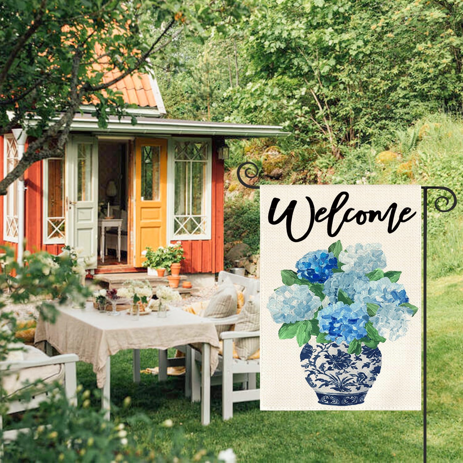 AVOIN colorlife Spring Hydrangea Floral Welcome Garden Flag 12x18 Inch Double Sided Outside, Blue and White Chinoiserie Seasonal Yard Outdoor Flag