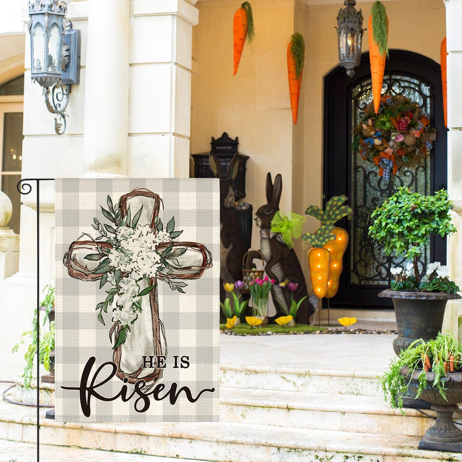 AVOIN colorlife He Is Risen Easter Garden Flag 12x18 Inch Double Sided Outside, Buffalo Plaid Lily Cross Yard Outdoor Decoration