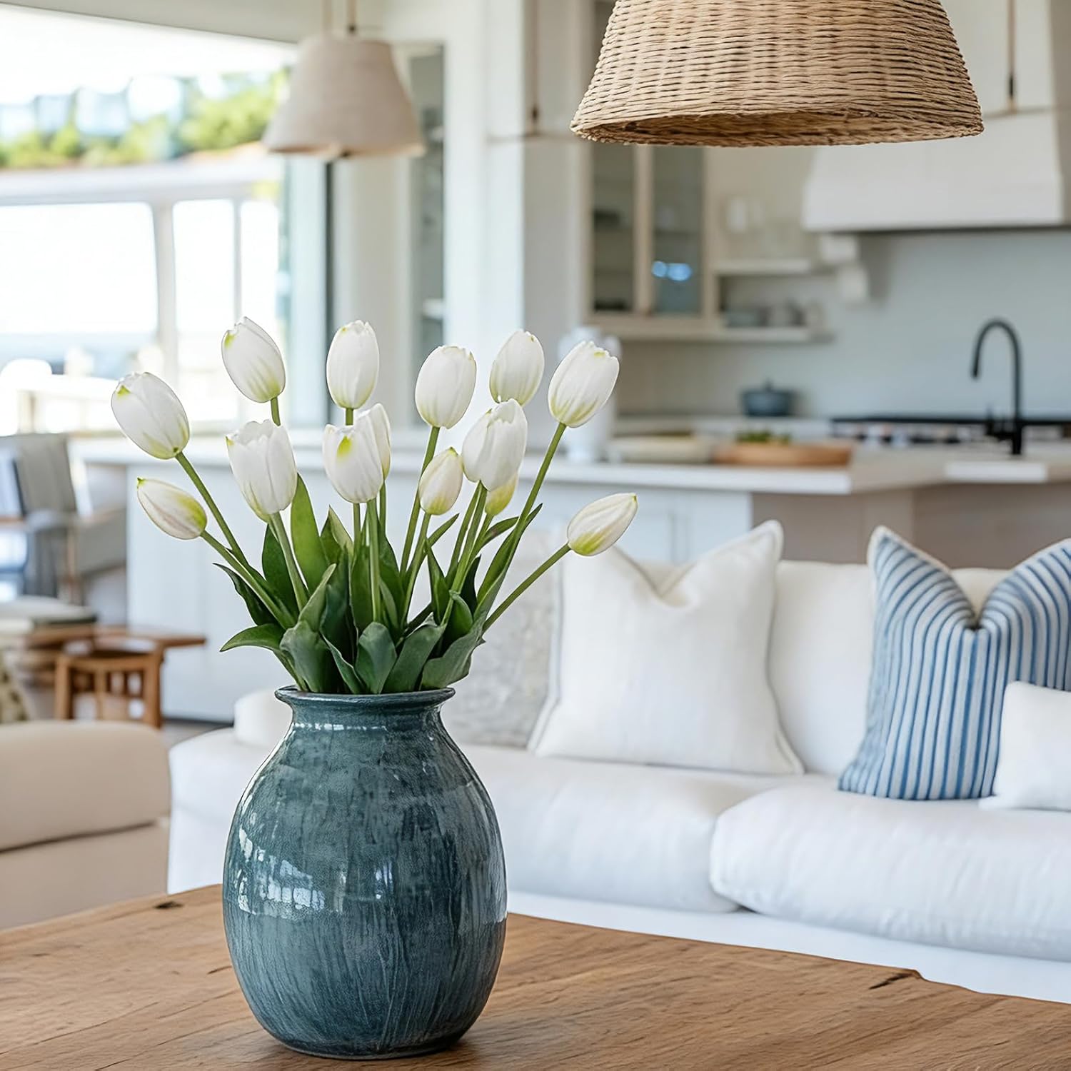 LINSIE 15 Pcs Artificial Flowers Tulips Real Touch Latex Plastic Soft Faux Bouquets for Party, Wedding, Home, Room, Garden Decor (WhiteOrangeYellow)