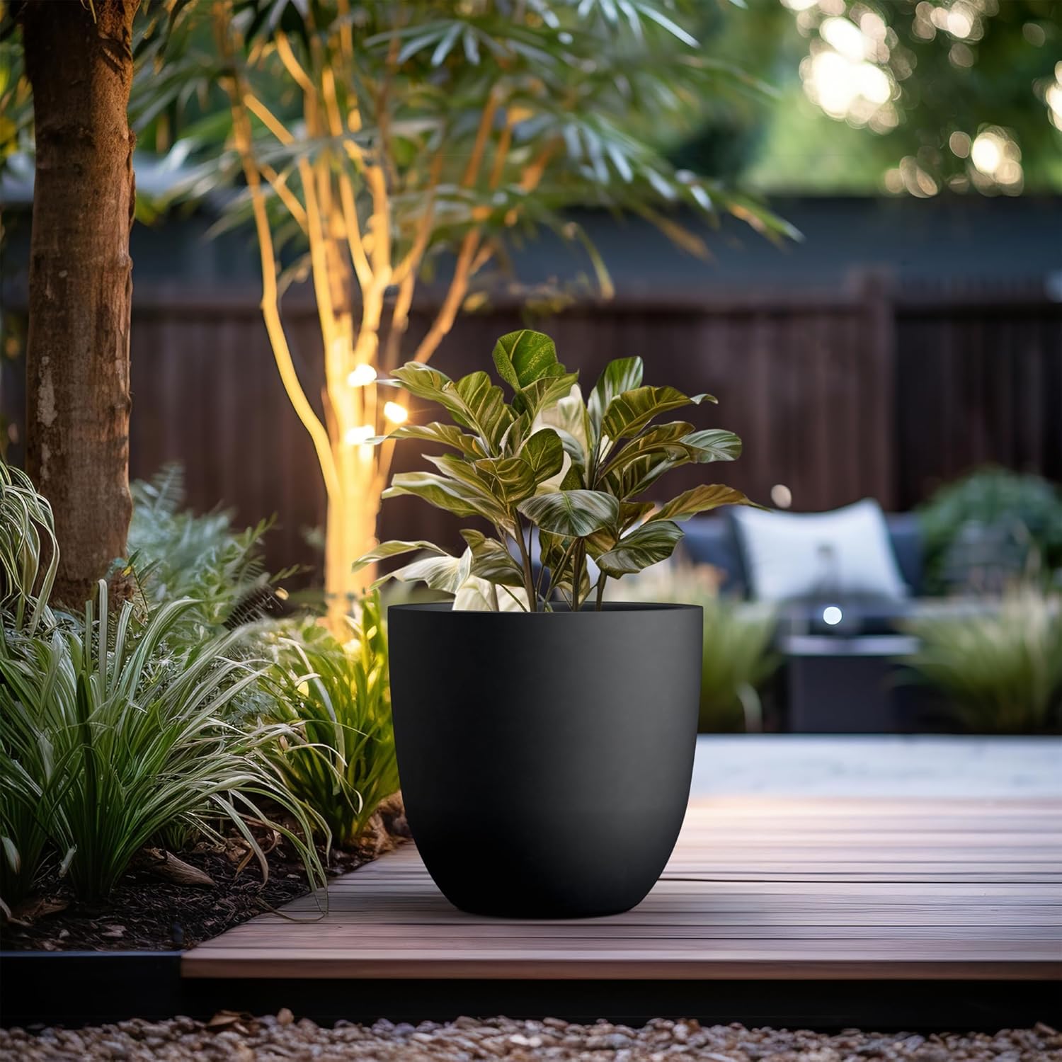 Kante 18 Inch Dia Round Concrete Planter, Indoor Outdoor Large Plant Pot with Drainage Hole and Rubber Plug for Home Patio Garden, Black