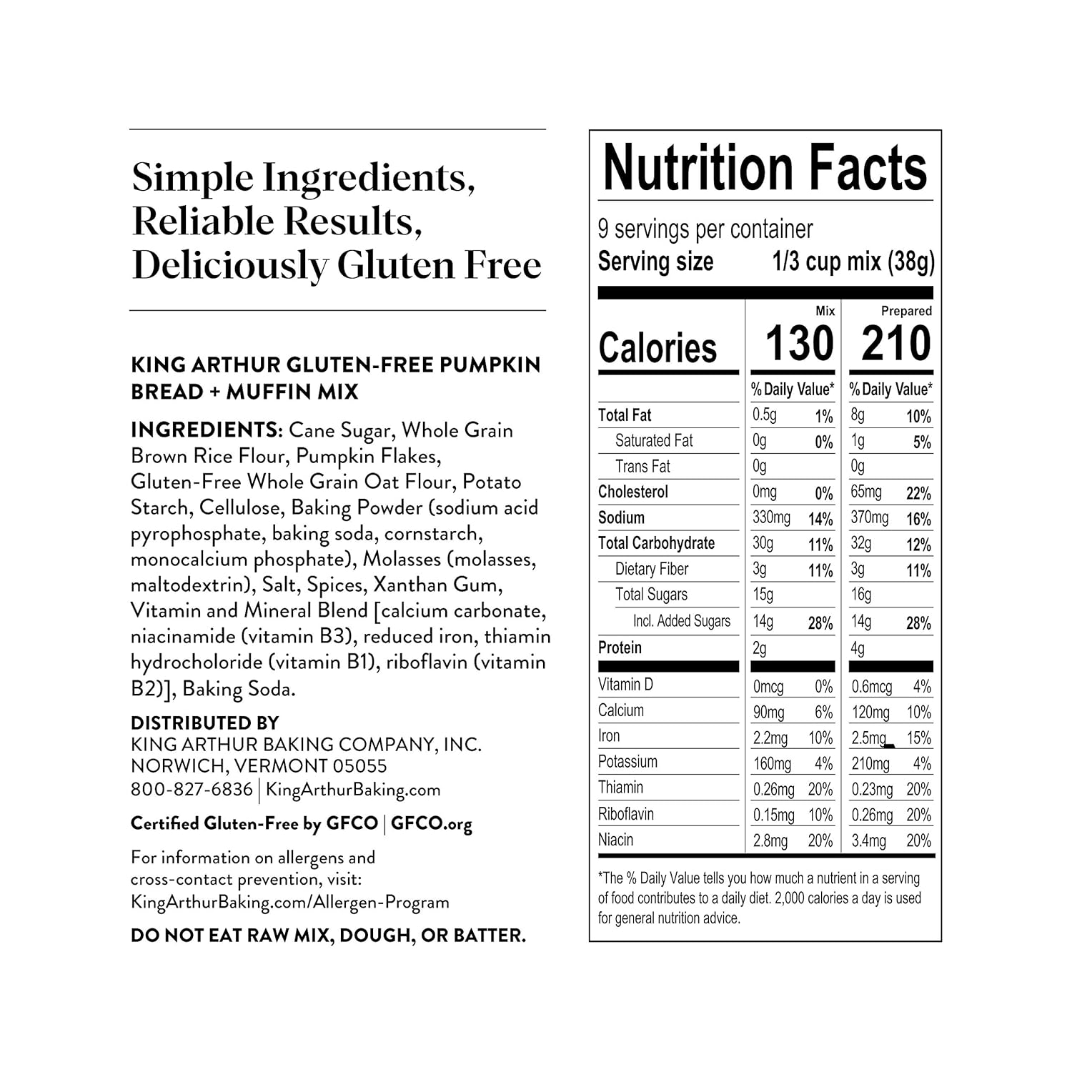 King Arthur, Gluten Free Pumpkin Bread + Muffin Mix, Gluten-Free, Non-GMO Project Verified, Certified Kosher, 12 Ounces