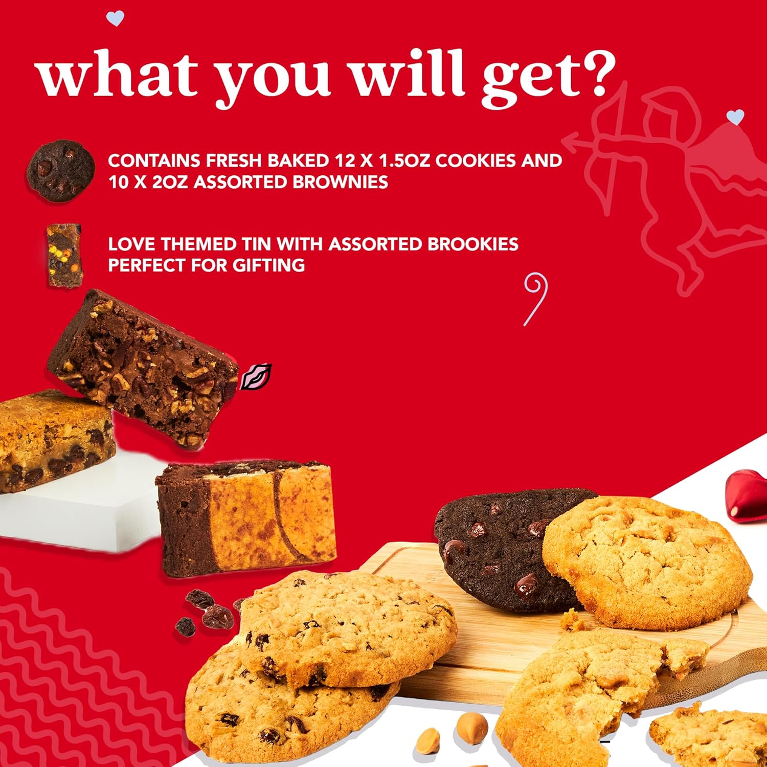 Davidu2019s Cookies Cookies and Brownies Love Gift Basket - 12 x 1.5oz Assorted Fresh Baked Cookies and 10 x 2oz Individually Wrapped Brownies - Delicious Gourmet Food Gift Basket For Her Him Kids