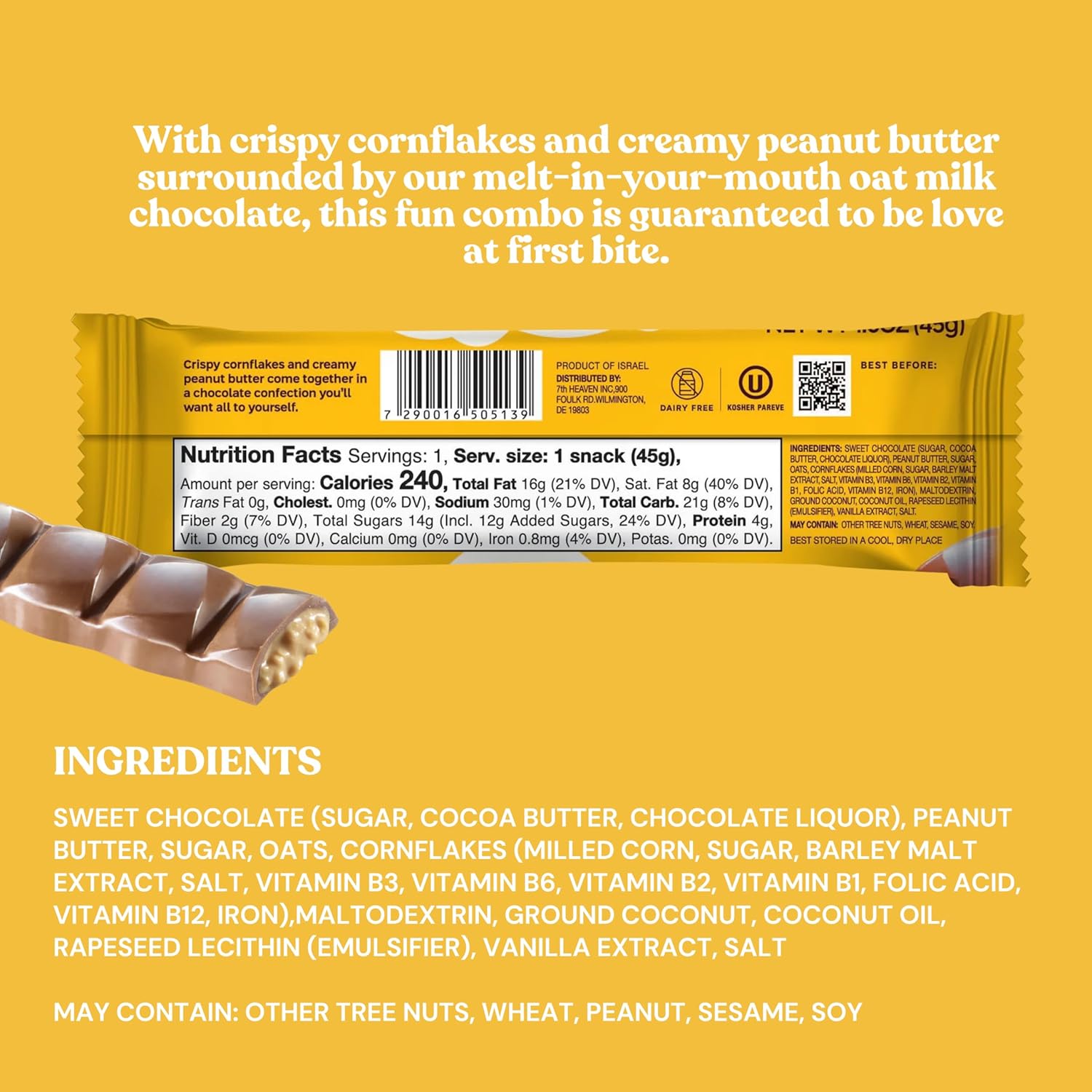 7th Heaven, Vegan Oat Milk Chocolate Snack Bars: Peanut Butter & Cornflakes - (1.6 oz - 6 Pack), Healthy Chocolate, Perfect Valentines Gift For Your Loved Ones, 100% Dairy Free, Non GMO, Kosher Parve, Cruelty Free, Fair Trade Cocoa