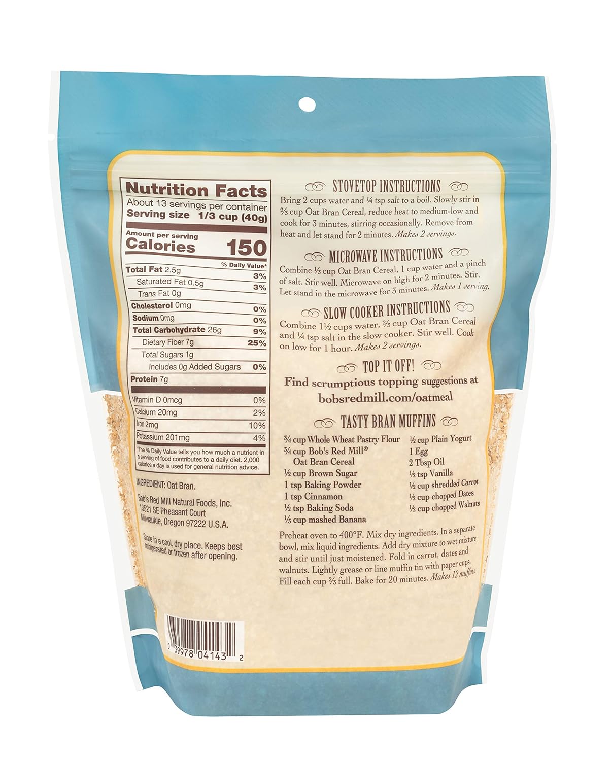 Bob's Red Mill Oat Bran, 18oz (Pack of 4) - Non GMO, Vegan, Kosher