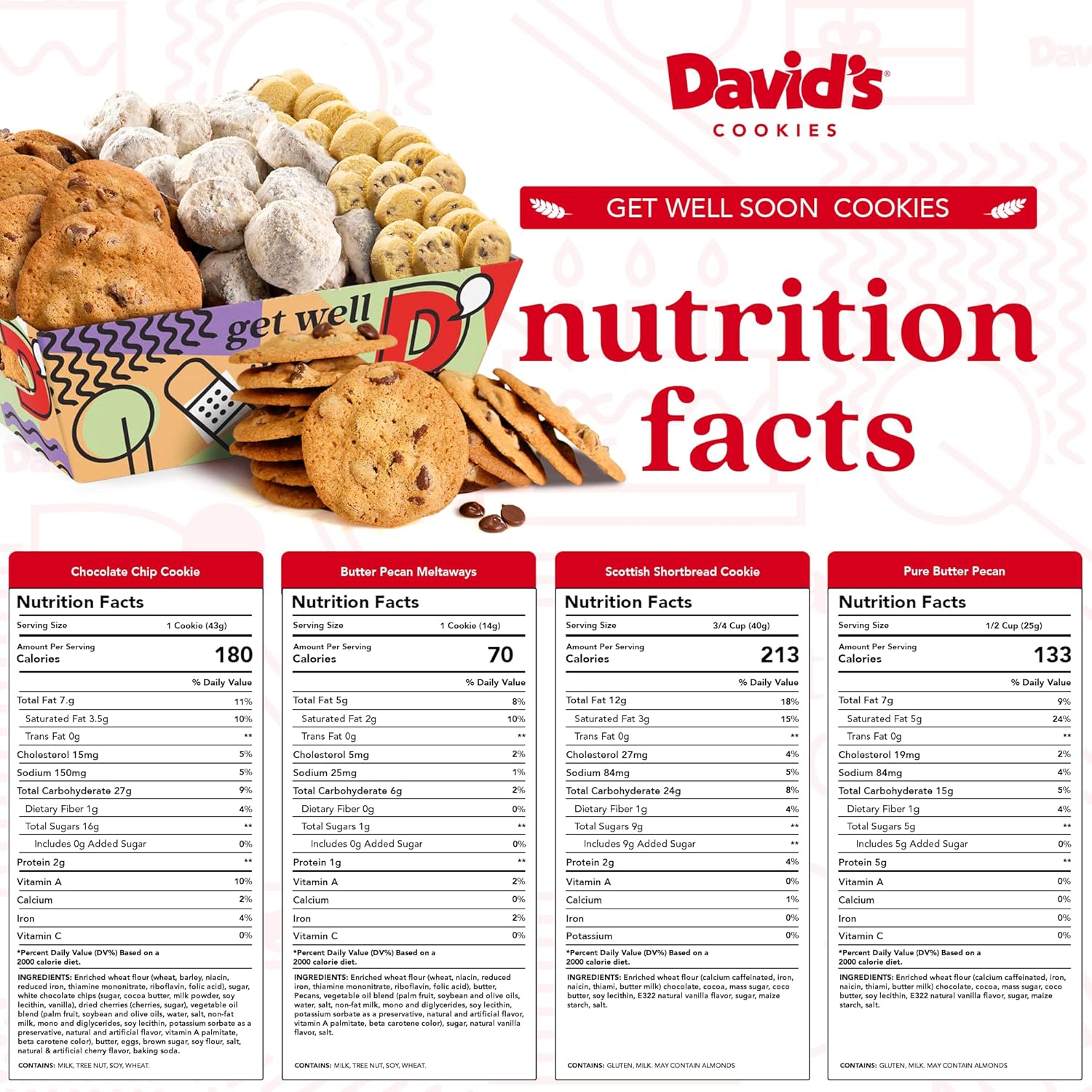 Davidu2019s Cookies Get Well Soon Cookie Gift Basket - Gourmet Thin Crispy, Butter Pecan Meltaways, and Choco Chip & Pure Butter Shortbread Cookies - Deliciously Flavored Cookie Shelf Stable Food Crate