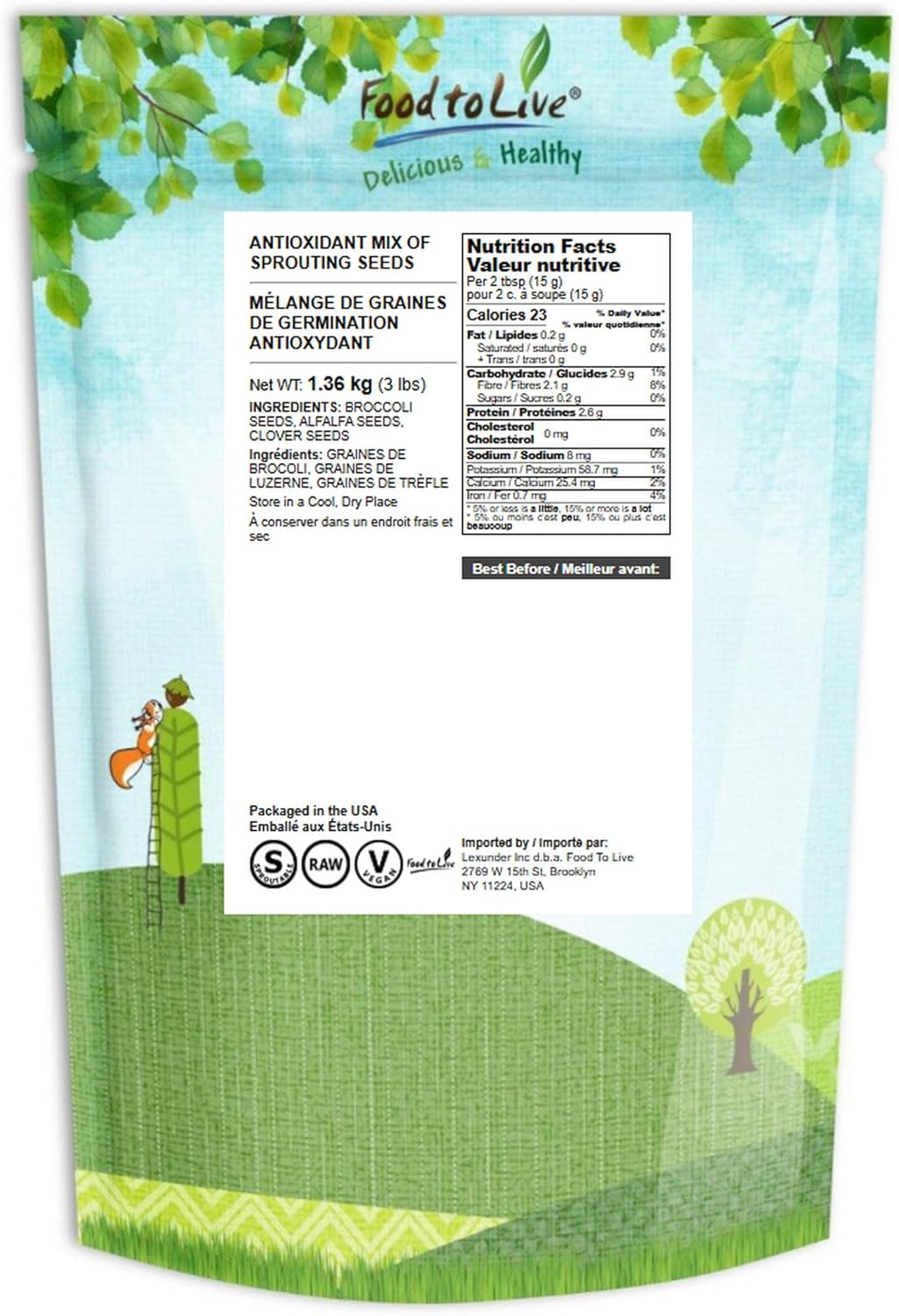 Food to Live Organic Antioxidant Mix of Sprouting Seeds, 3 Pounds - Non-GMO Broccoli, Alfalfa, and Clover Seeds, High Germination Rate, Kosher, Vegan, Bulk, Rich in Sulforaphane