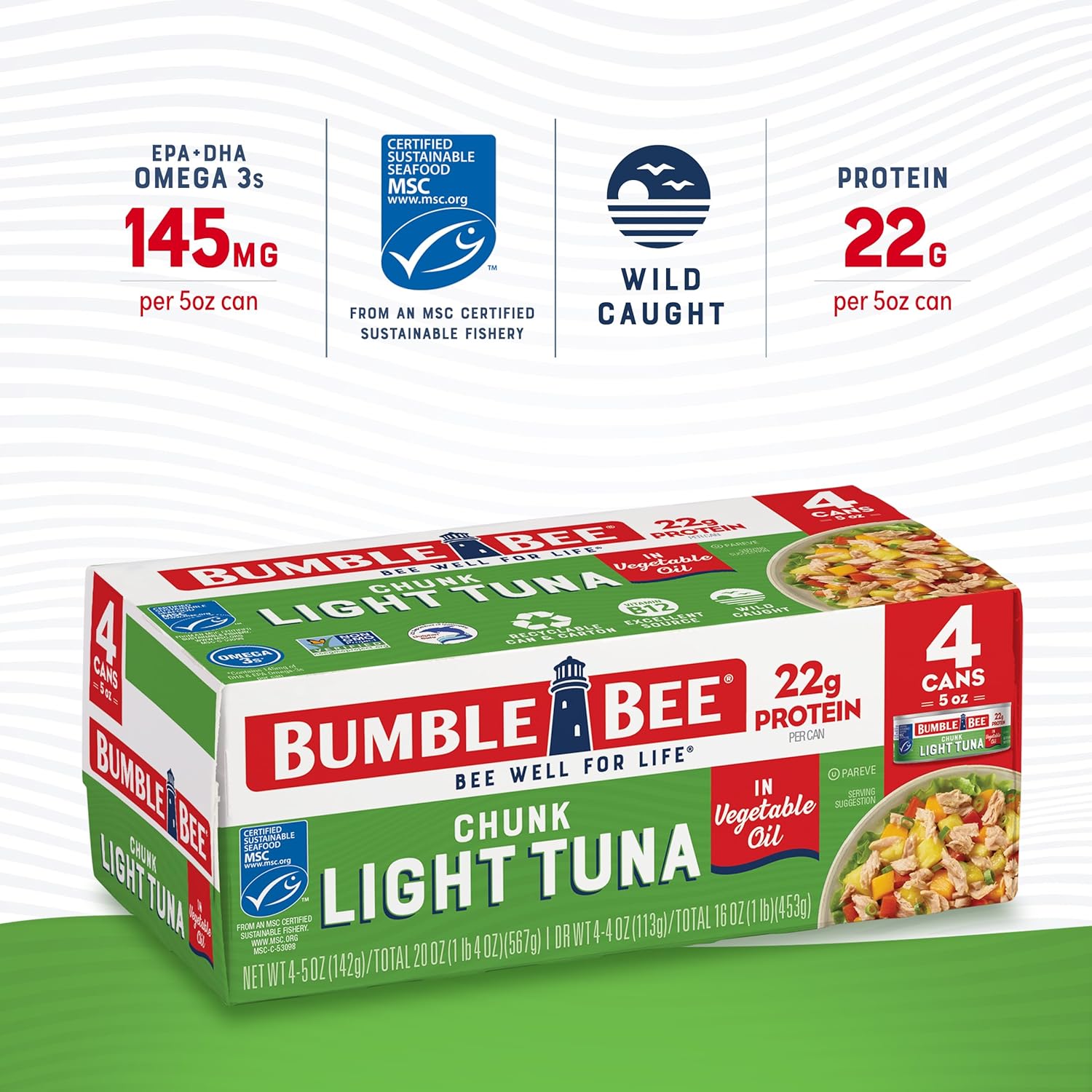 Bumble Bee Chunk Light Tuna In Oil, 5 oz Cans (Pack of 8) - Wild Caught Skipjack Tuna - 22g Protein Per Serving - MSC Certified Sustainable Seafood, Non-GMO, Gluten Free, Kosher - Image 2