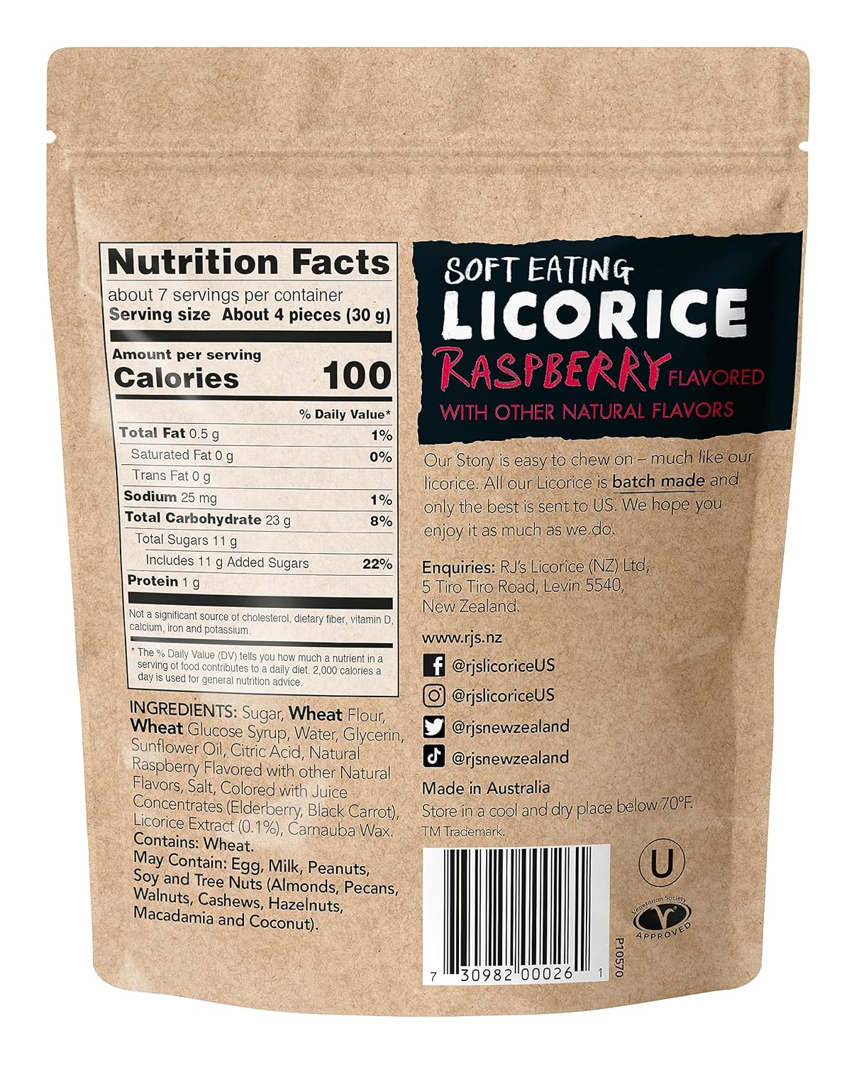 Soft Eating Raspberry Licorice - RJ's Licorice 7.05oz Bag - NON-GMO, NO HFCS, Vegetarian & Kosher - Batch Made in New Zealand