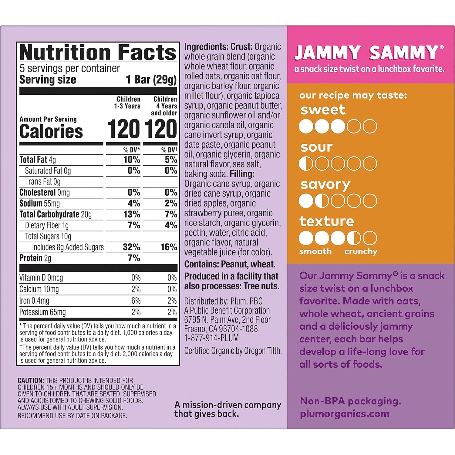 Plum Organics Kids Jammy Sammy, Strawberry Jam and Peanut Butter, 5.15 Ounce