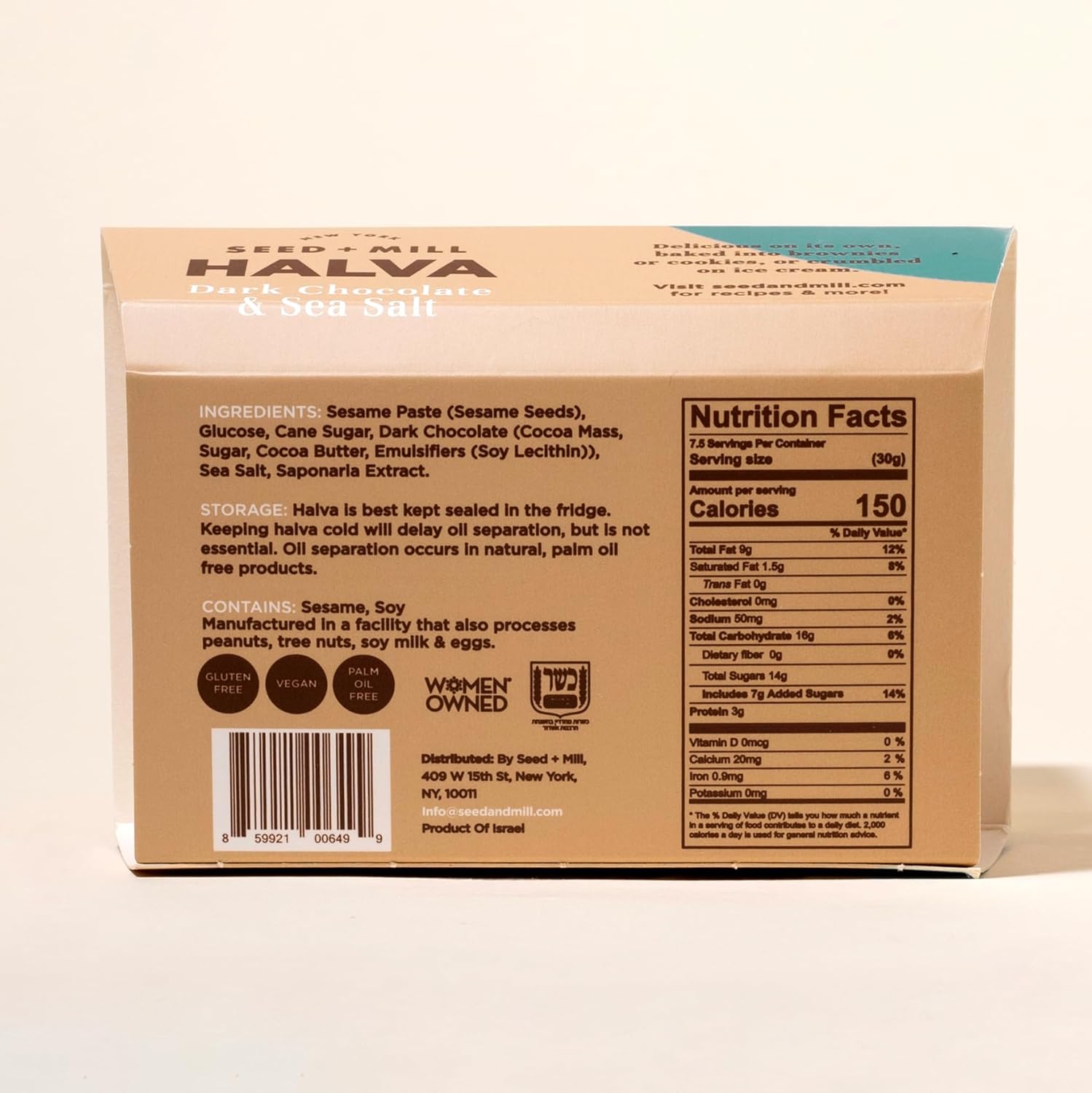 Seed + Mill - Halva - Sea Salt Dark Chocolate - Vegan, Kosher, GlutenFree - Enjoy This Fudgelike Candy Made from Sesame Paste & Dark Chocolate - Great for Snacking or as a Dessert - 8 oz