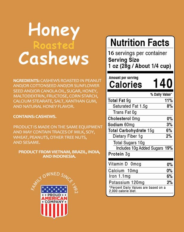 Platinum – Honey Roasted Cashews 11 oz Resealable Pouch | Flavored Cashew Nuts | Sweet Roasted & Tasty Gourmet Nut | Snack on the Go, Work, School | Individual Snack Packs | Kosher