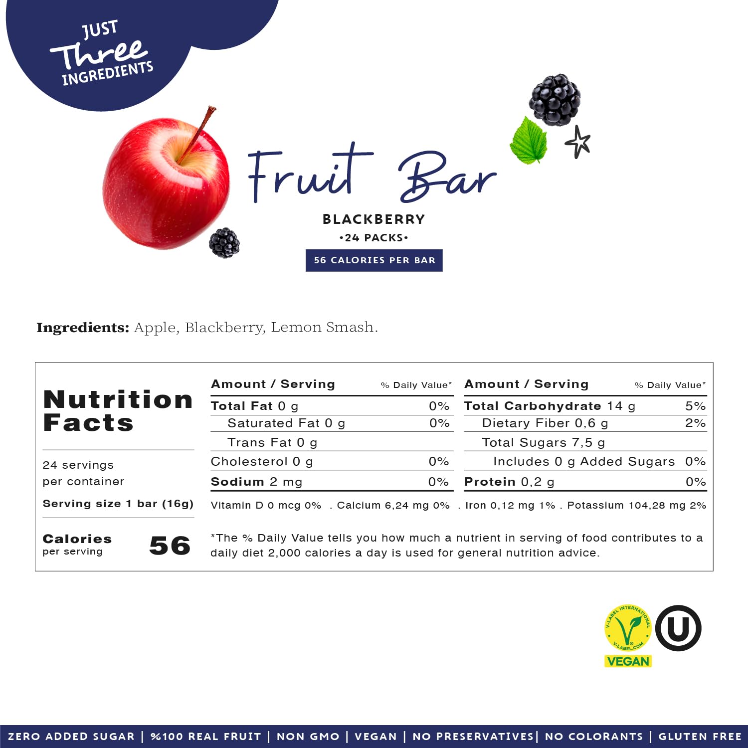 Mate Apple + Blackberry Healthy Snack, 100% Natural Real Fruit Bar & Gluten-Free & Vegan & Non GMO & Kosher - Zero Added Sugar, No Preservatives and No Colorant - 24 Pack