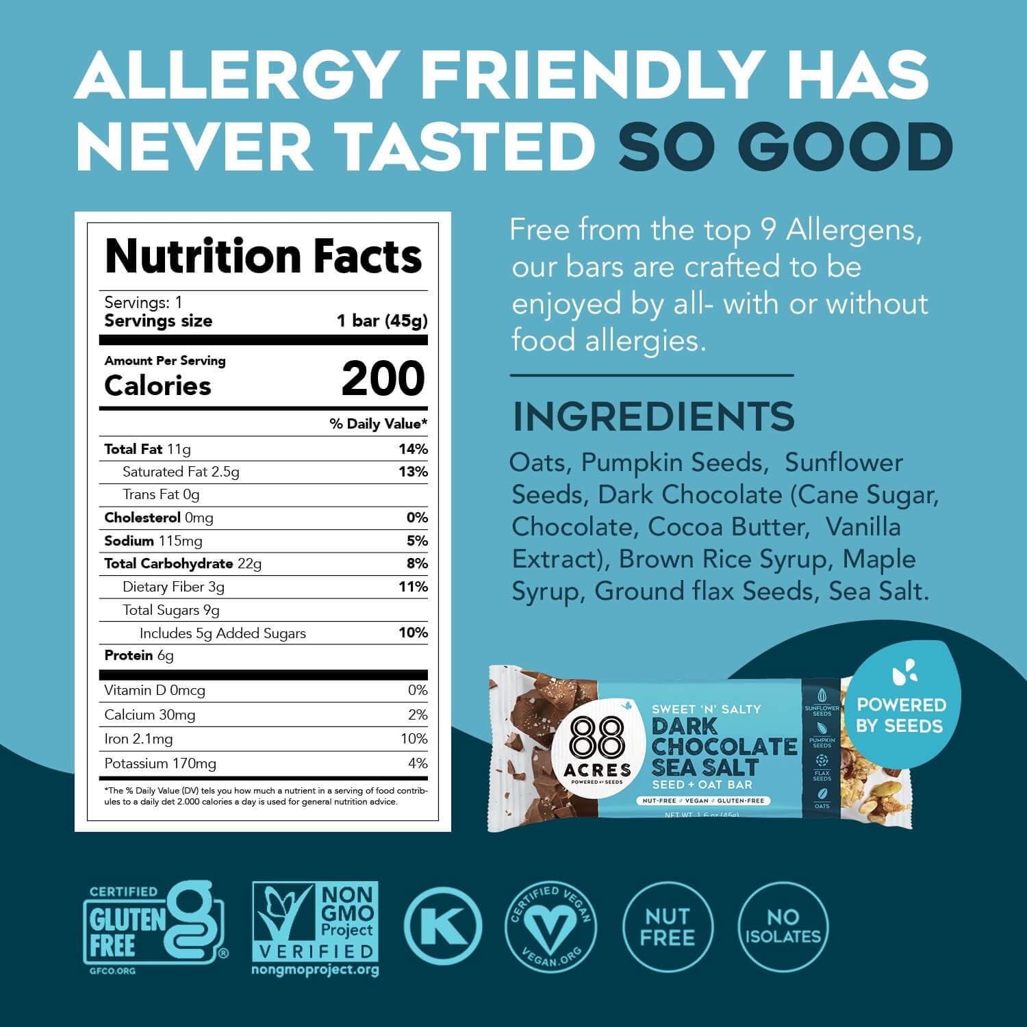 88 Acres Granola Bars, Dark Chocolate Sea Salt, 12 Count, School Safe, Allergen Free Seed & Oat Snack Bar, Gluten & Nut Free, Vegan, Non-GMO & Kosher, Individually Wrapped