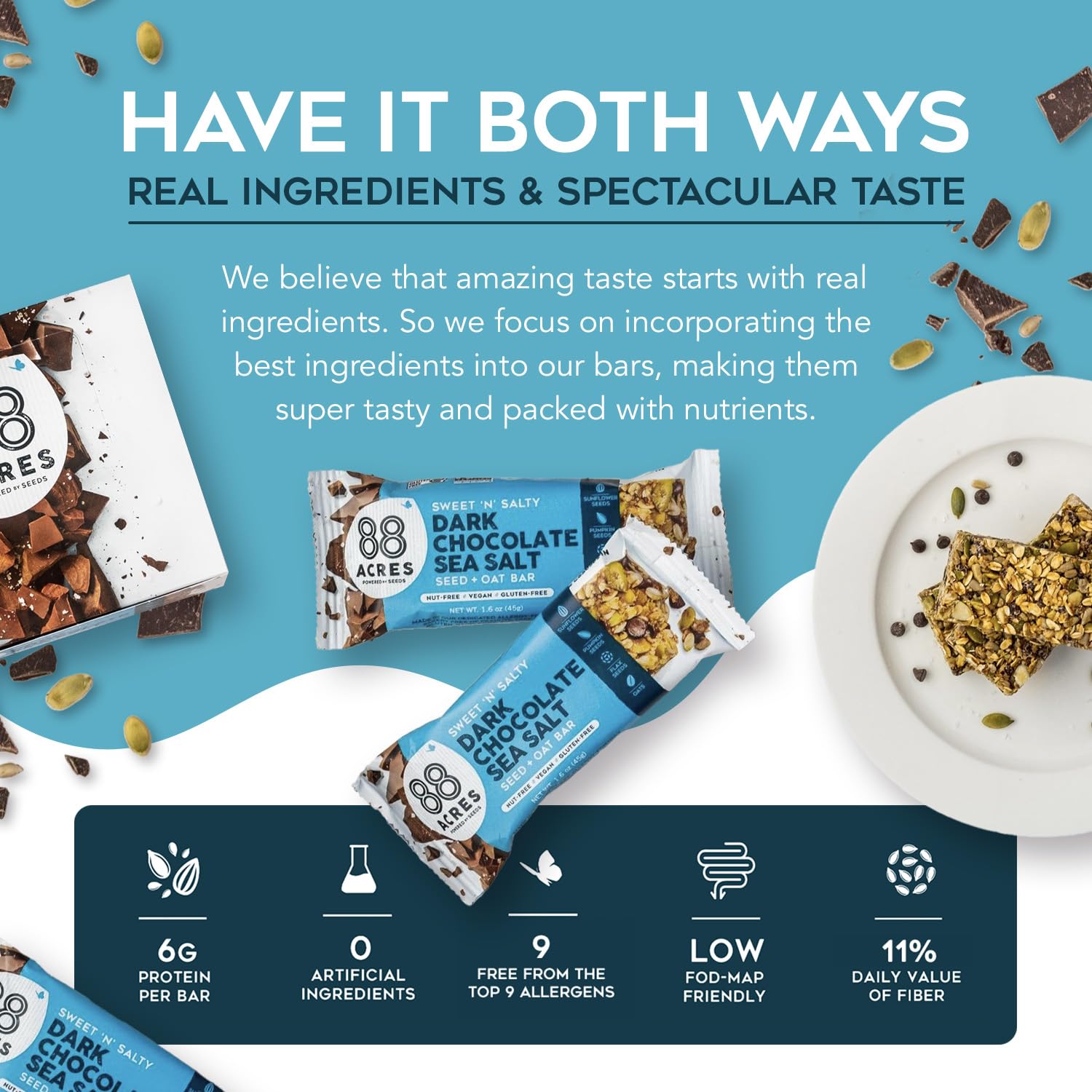 88 Acres Granola Bars, Dark Chocolate Sea Salt, 12 Count, School Safe, Allergen Free Seed & Oat Snack Bar, Gluten & Nut Free, Vegan, Non-GMO & Kosher, Individually Wrapped - Image 2