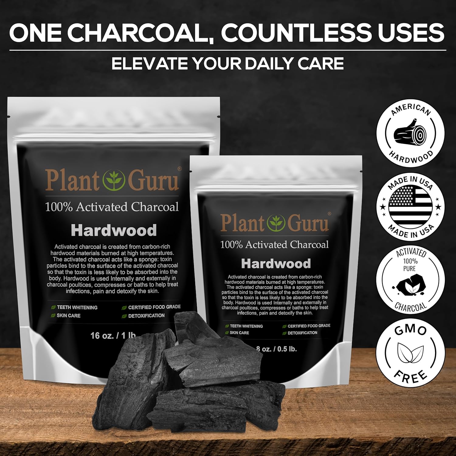 Plant Guru Activated Charcoal Powder 4 oz. HARDWOOD - Food Grade Kosher Non-GMO - Teeth Whitening, Facial Mask and Soap Making. Promotes Natural Detoxification and Helps Digestion