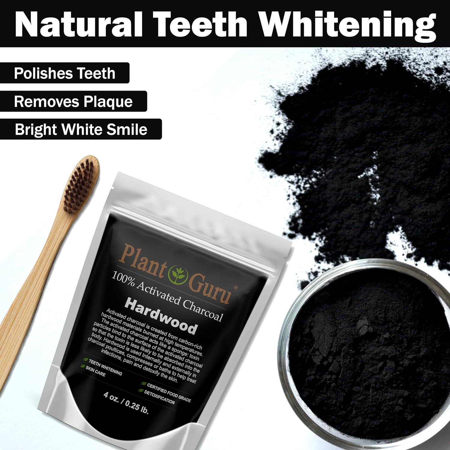 Plant Guru Activated Charcoal Powder 4 oz. HARDWOOD - Food Grade Kosher Non-GMO - Teeth Whitening, Facial Mask and Soap Making. Promotes Natural Detoxification and Helps Digestion - Image 2