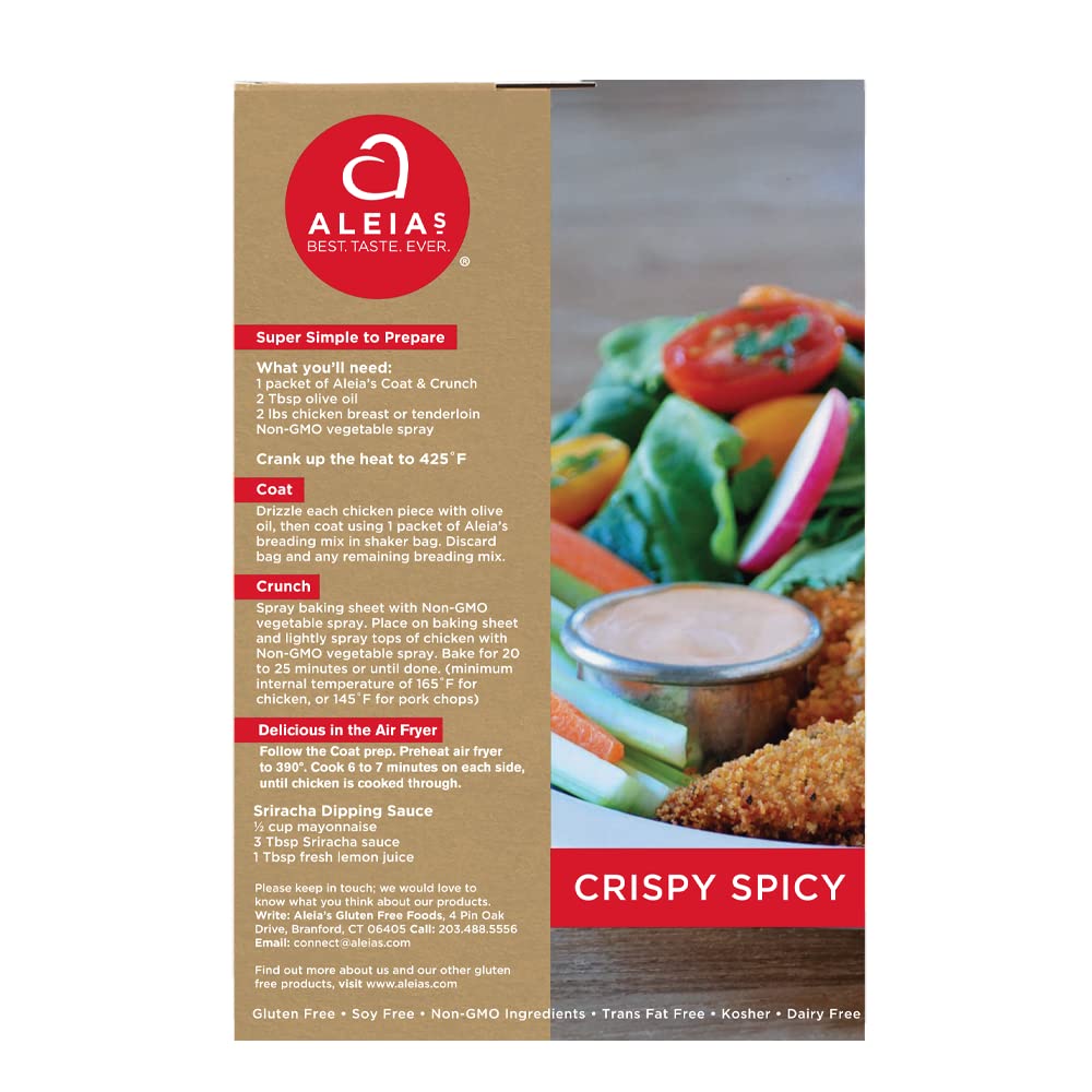 Aleia’s Gluten Free Crispy Spicy Coat & Crunch – 4.5 oz (2 Pack) – Crunchy Breading for Poultry, Meat, Seafood & Vegetables – Dairy Free, Kosher, Low Sodium, Non-GMO